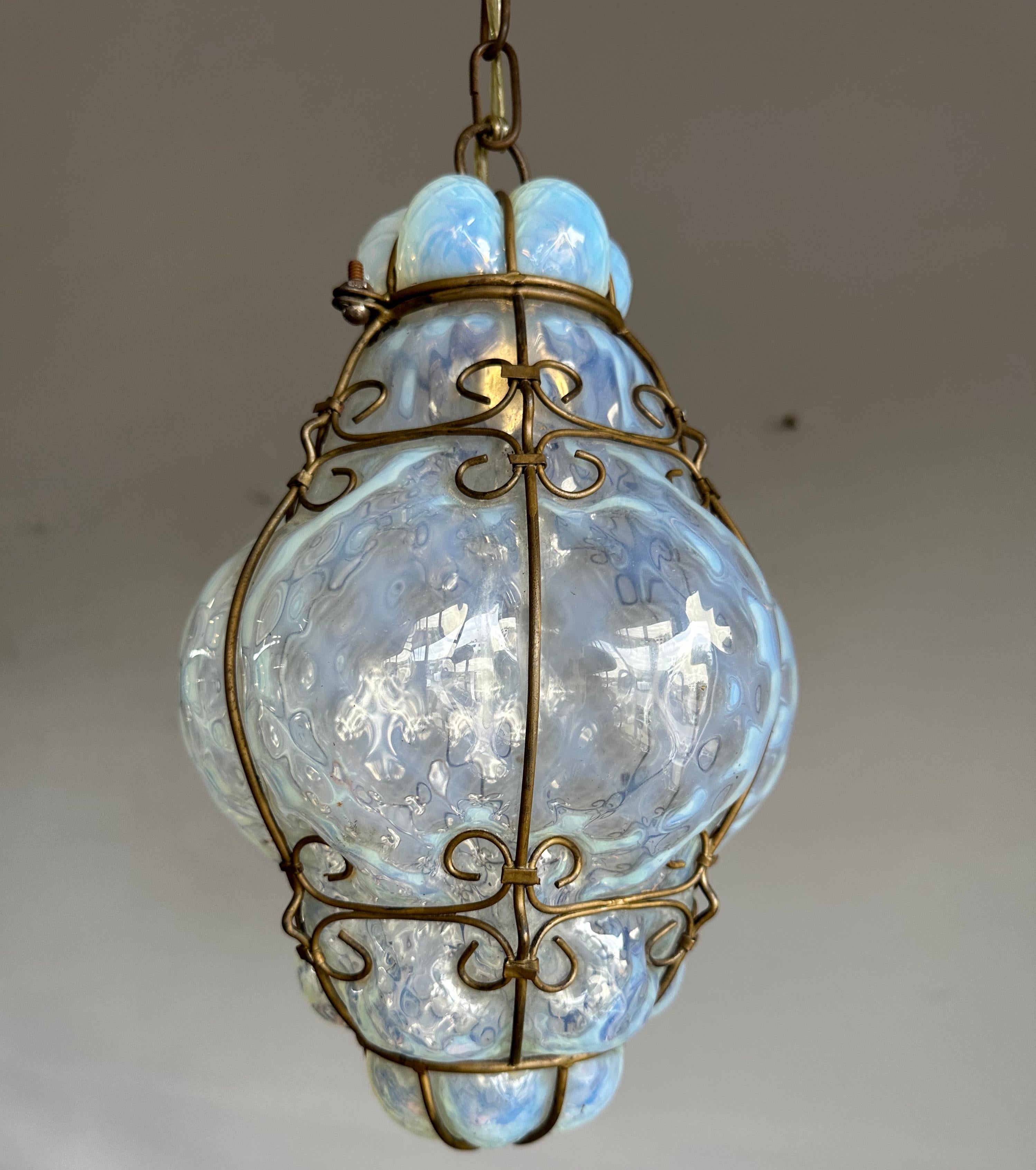 Blown Glass Rare & Small Venetian Murano Pendant Mouth Blown Opalescent Glass in Iron Frame For Sale