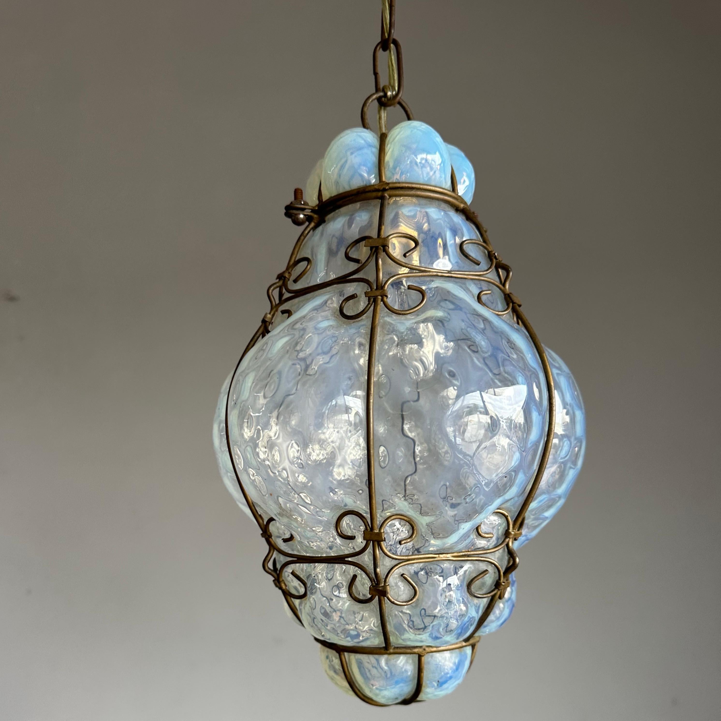Rare & Small Venetian Murano Pendant Mouth Blown Opalescent Glass in Iron Frame For Sale 1