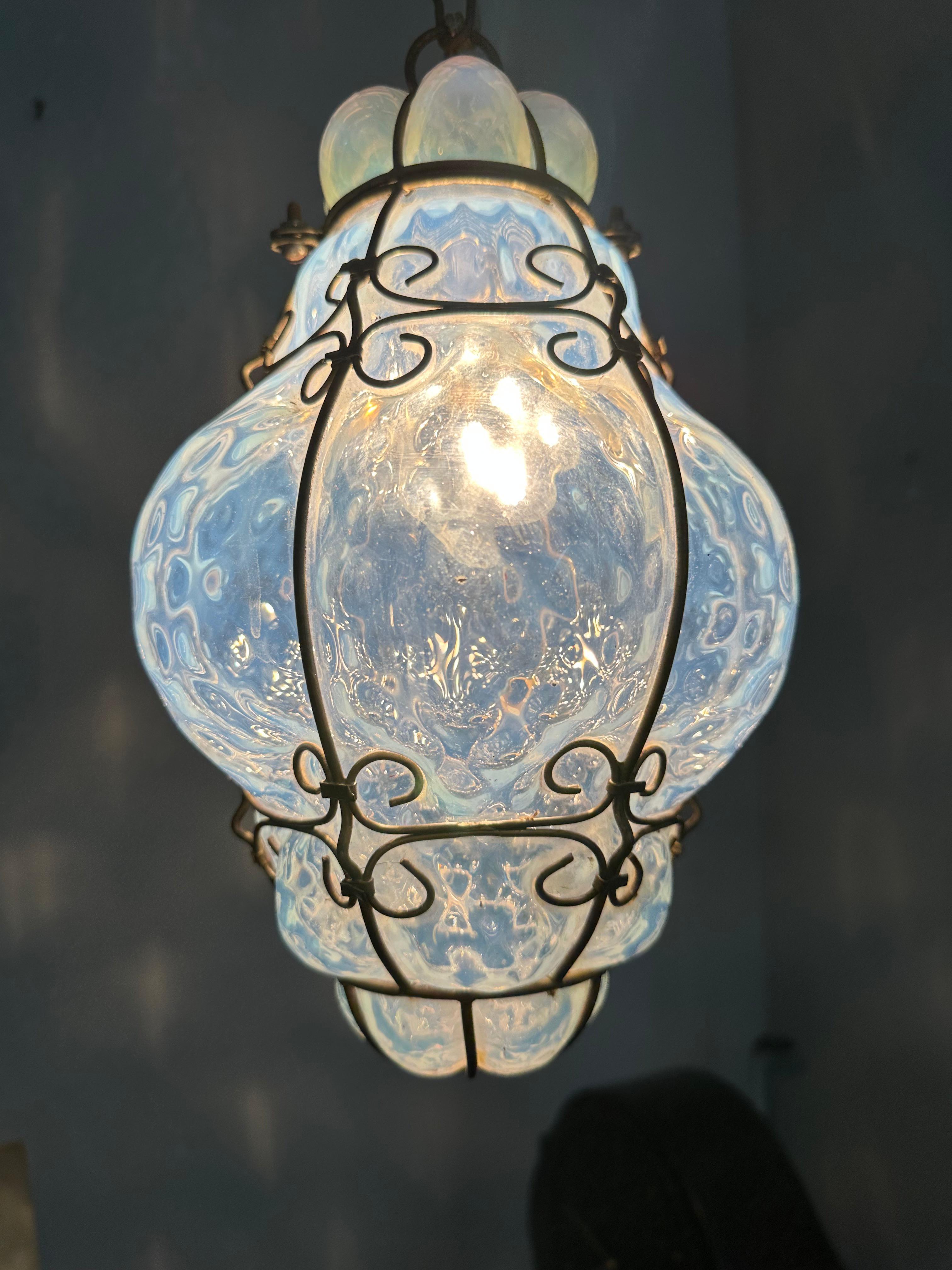 Italian Rare & Small Venetian Murano Pendant Mouth Blown Opalescent Glass in Iron Frame For Sale