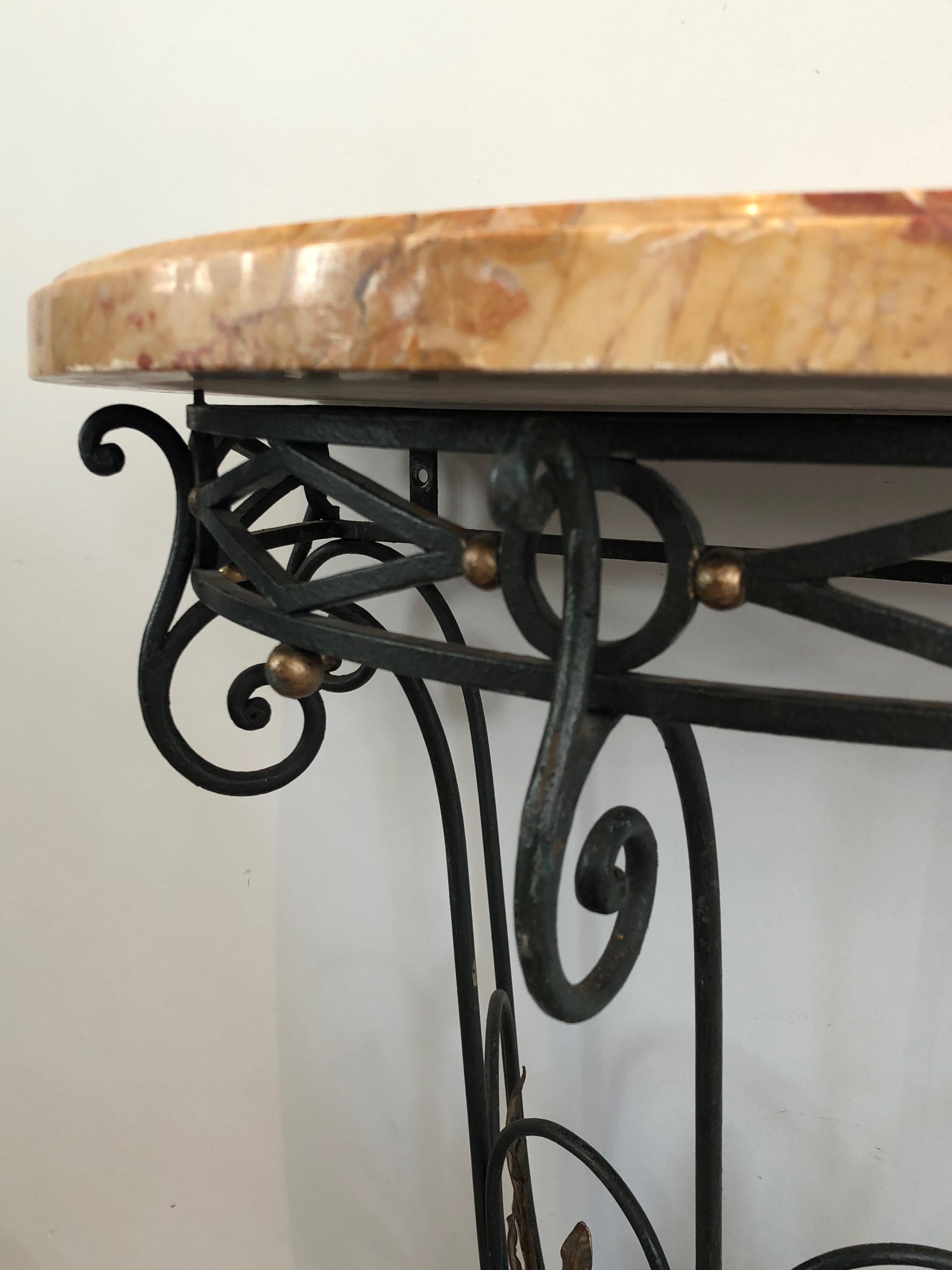 Rare Small Wrought Iron Console with Marble Top. French work. Circa 1940 For Sale 9