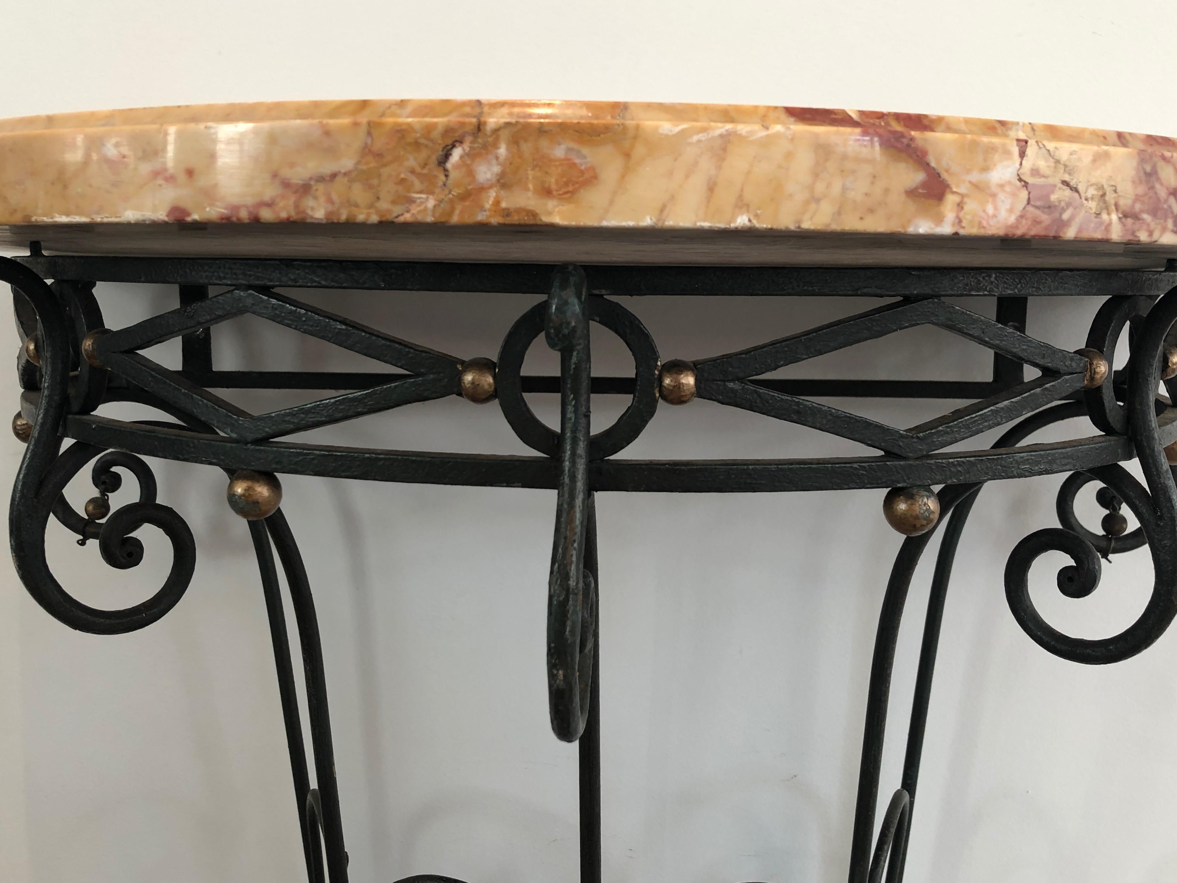 Rare Small Wrought Iron Console with Marble Top. French work. Circa 1940 For Sale 10