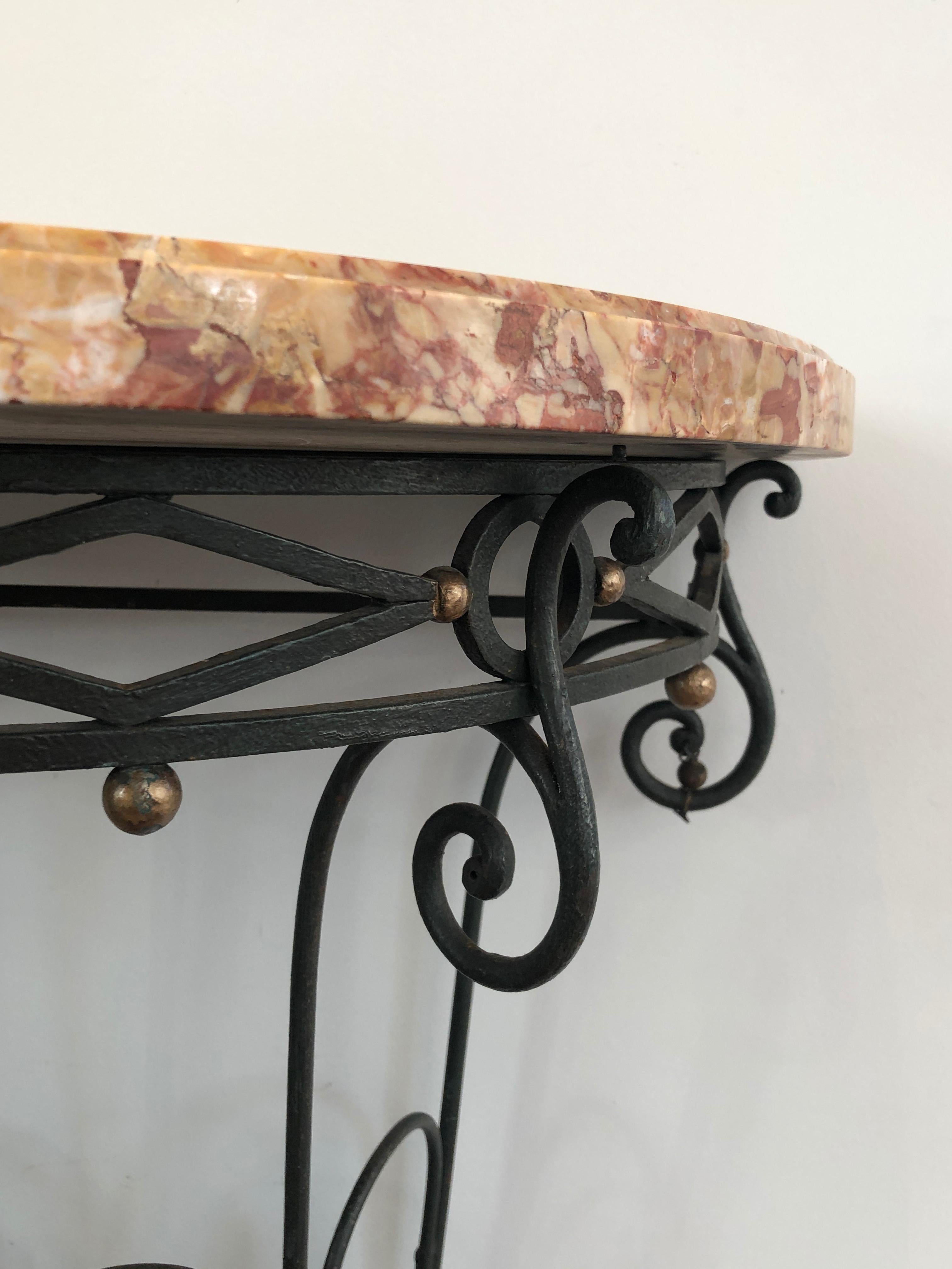 Rare Small Wrought Iron Console with Marble Top. French work. Circa 1940 For Sale 11