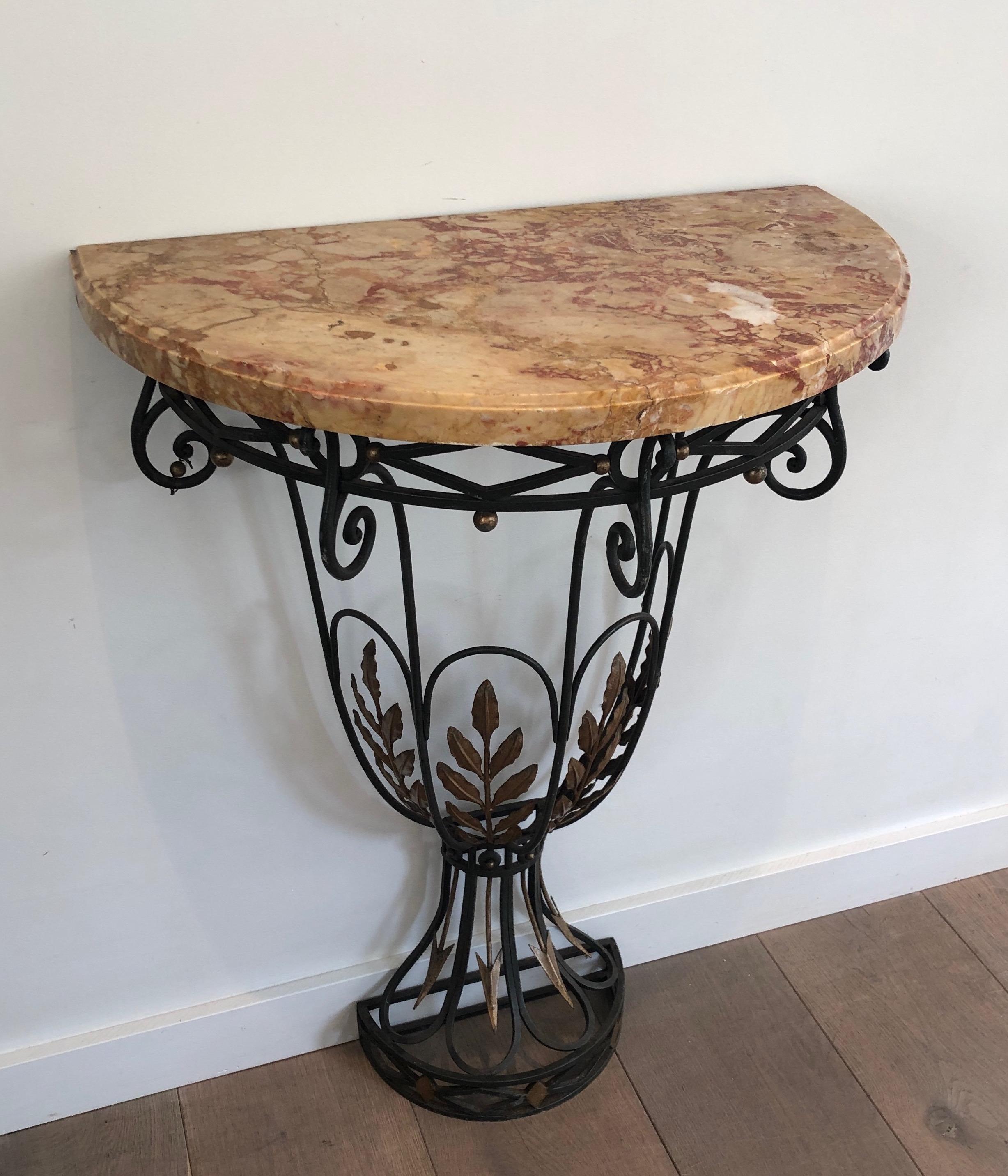 Mid-Century Modern Rare Small Wrought Iron Console with Marble Top. French work. Circa 1940 For Sale