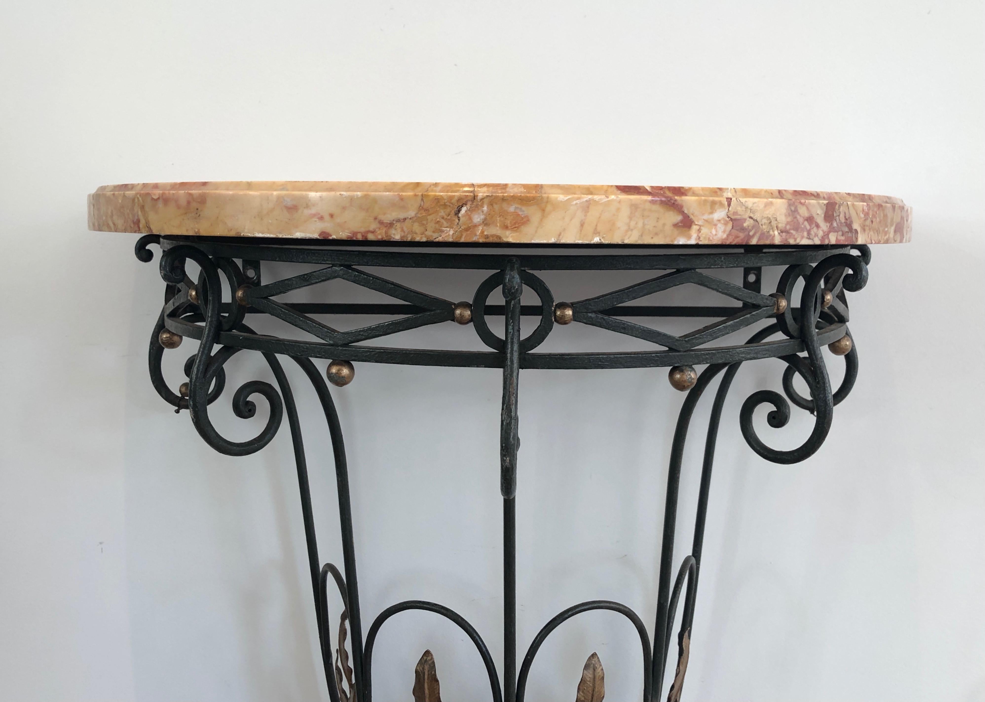 Mid-20th Century Rare Small Wrought Iron Console with Marble Top. French work. Circa 1940 For Sale