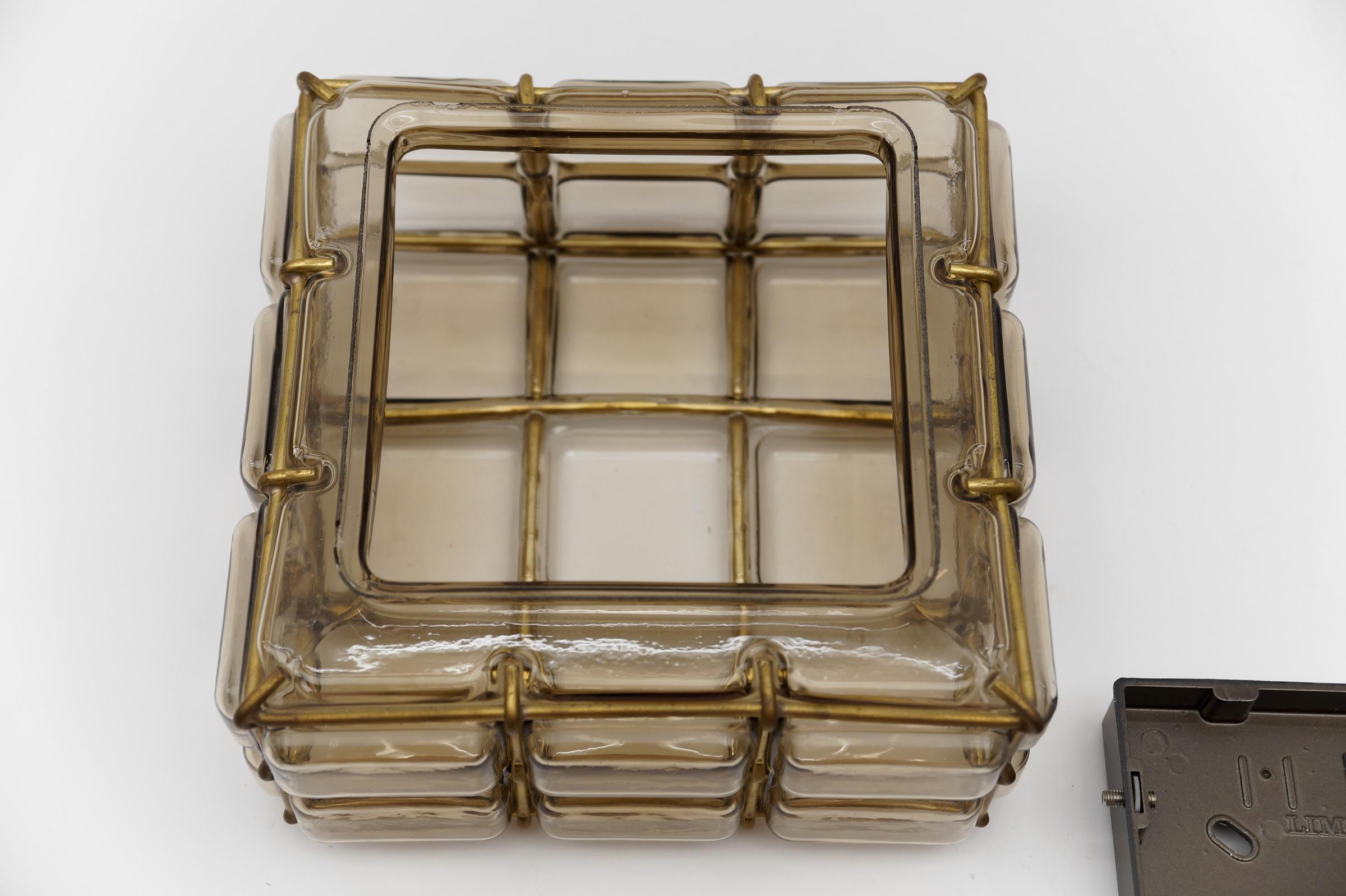 Rare Smoked Glass and Brass Grid Flush Mount 