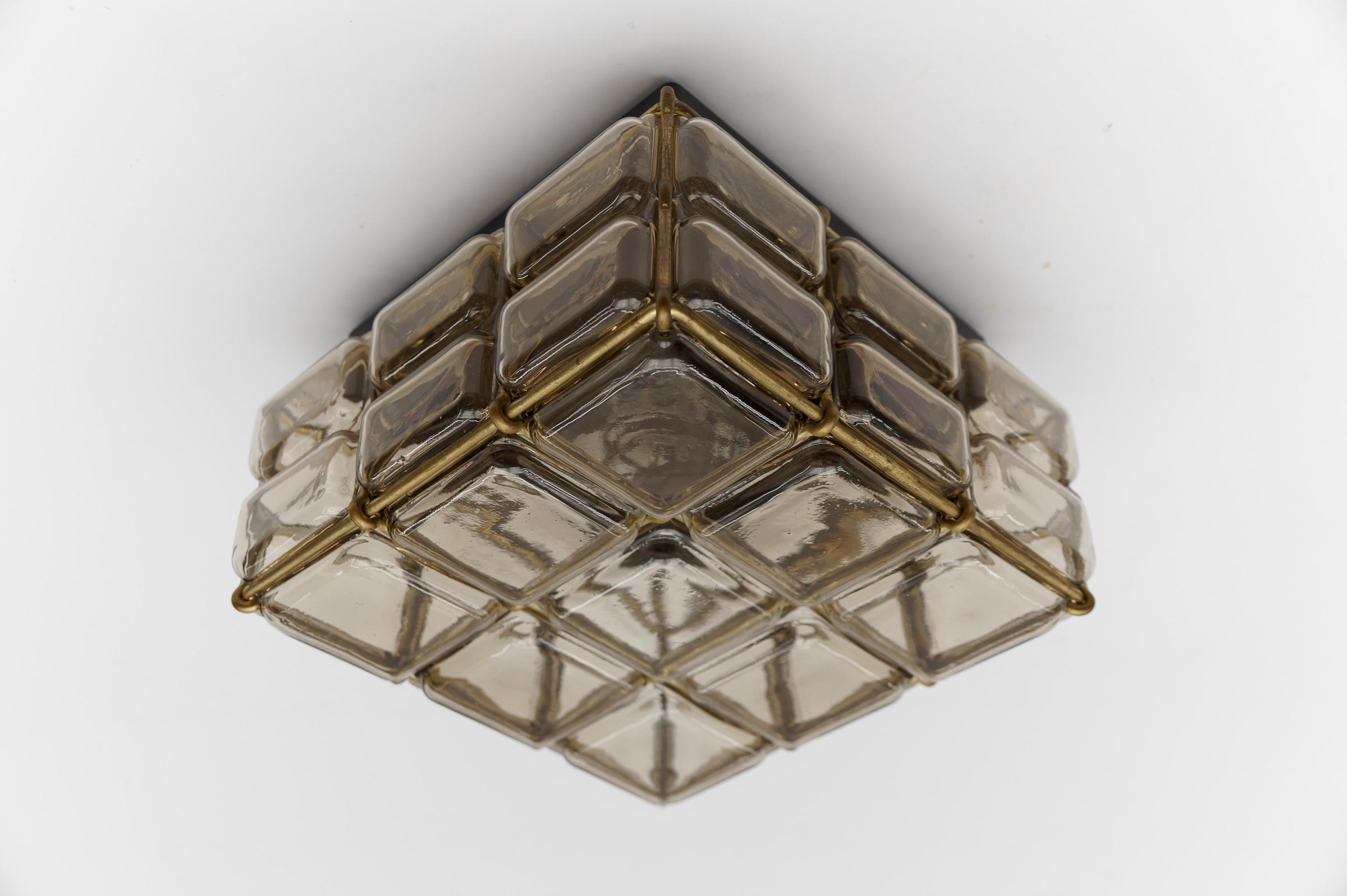 Mid-Century Modern Rare Smoked Glass and Brass Grid Flush Mount 