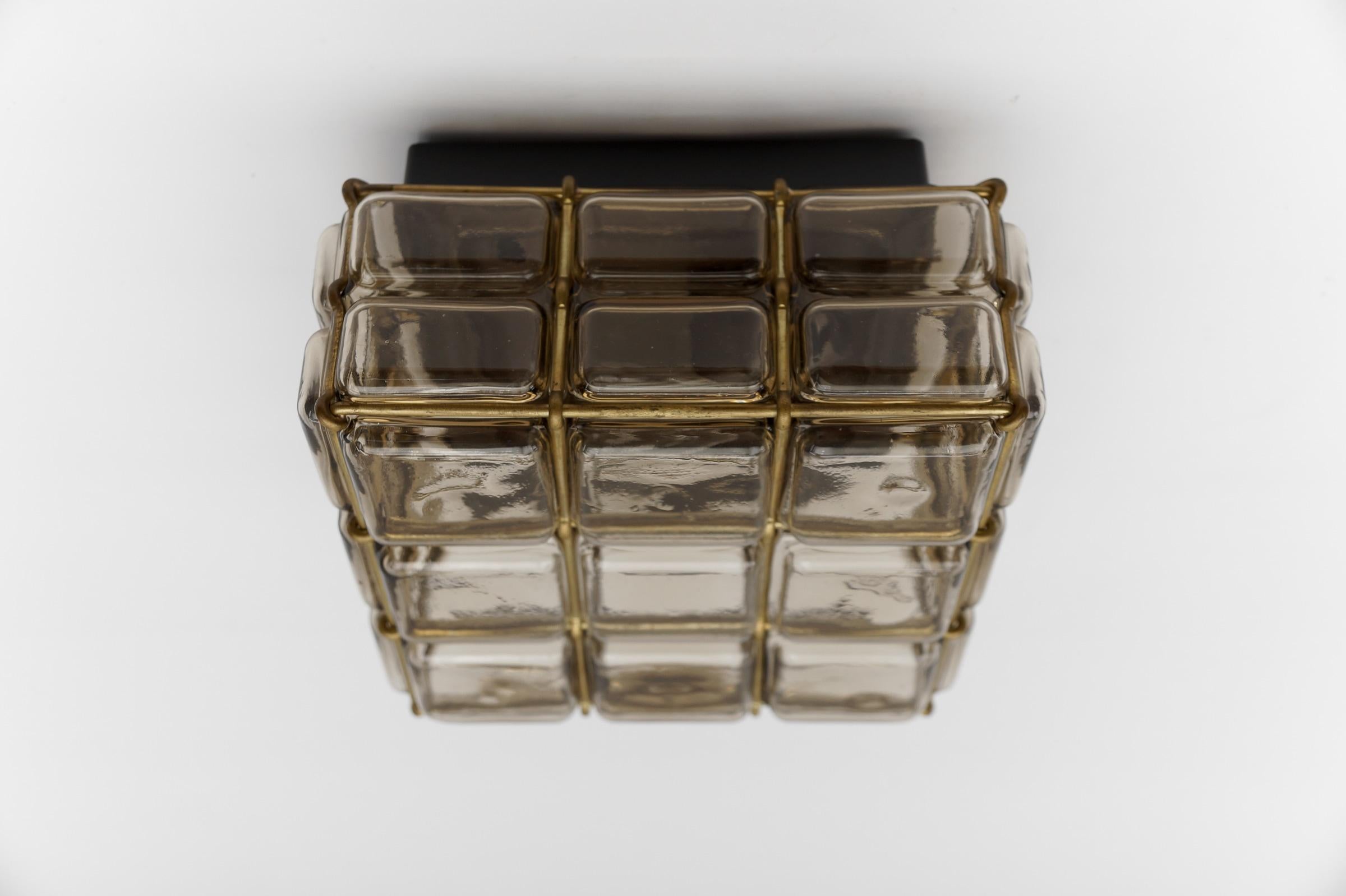 Rare Smoked Glass and Brass Grid Flush Mount 