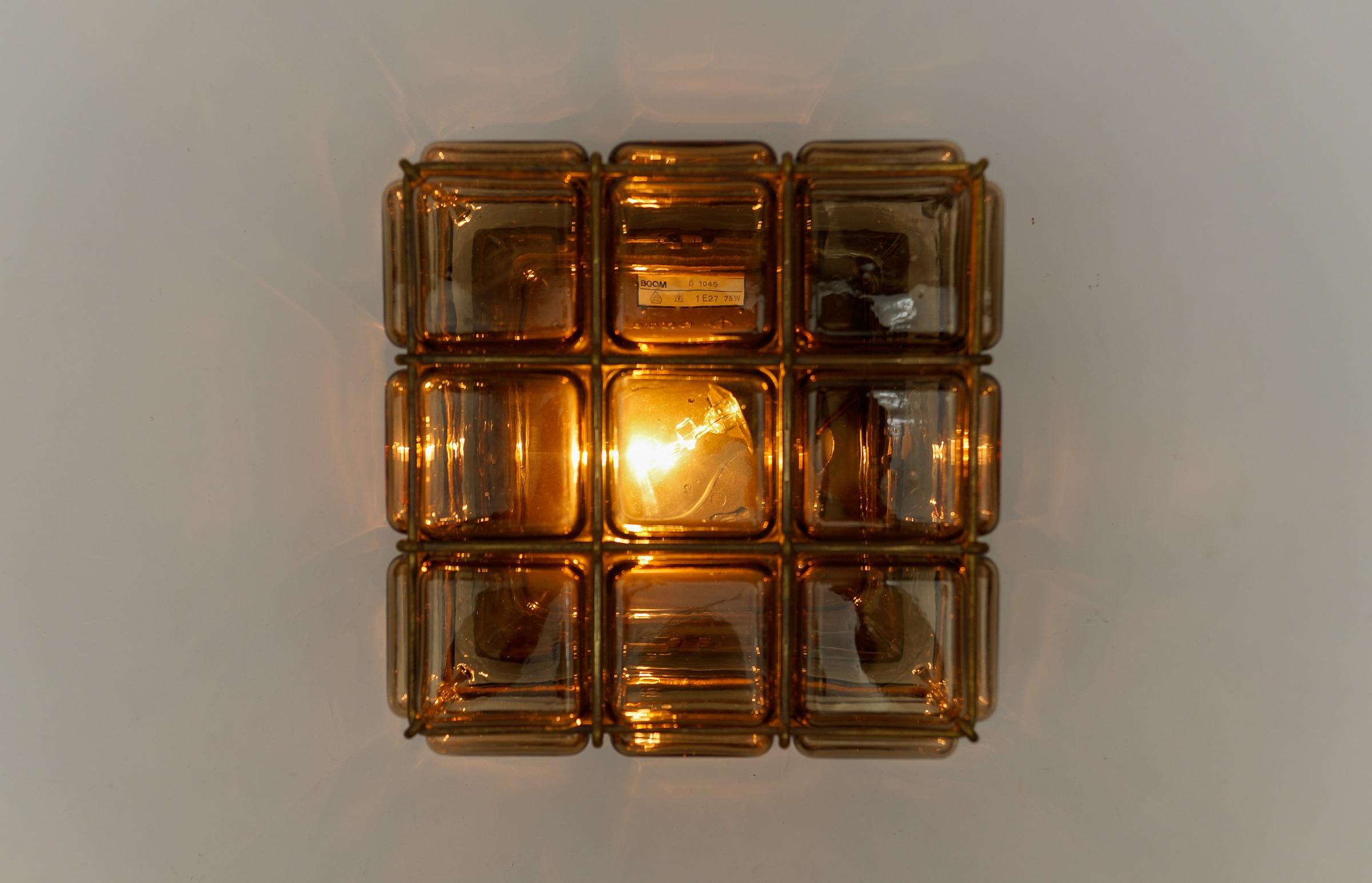 Mid-20th Century Rare Smoked Glass and Brass Grid Flush Mount 