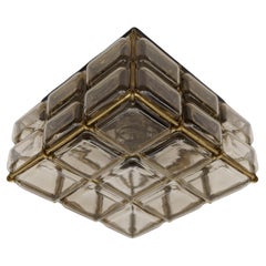 Rare Smoked Glass and Brass Grid Flush Mount "BOOM" by Limburg, Germany 1960s