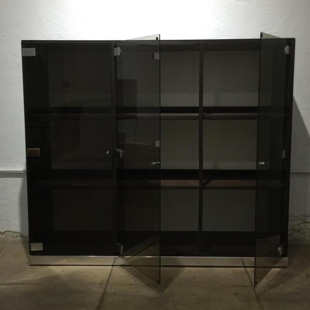 Post-Modern Rare Smoked Glass and Chrome Cabinet or Vitrine by Pierre Cardin For Sale