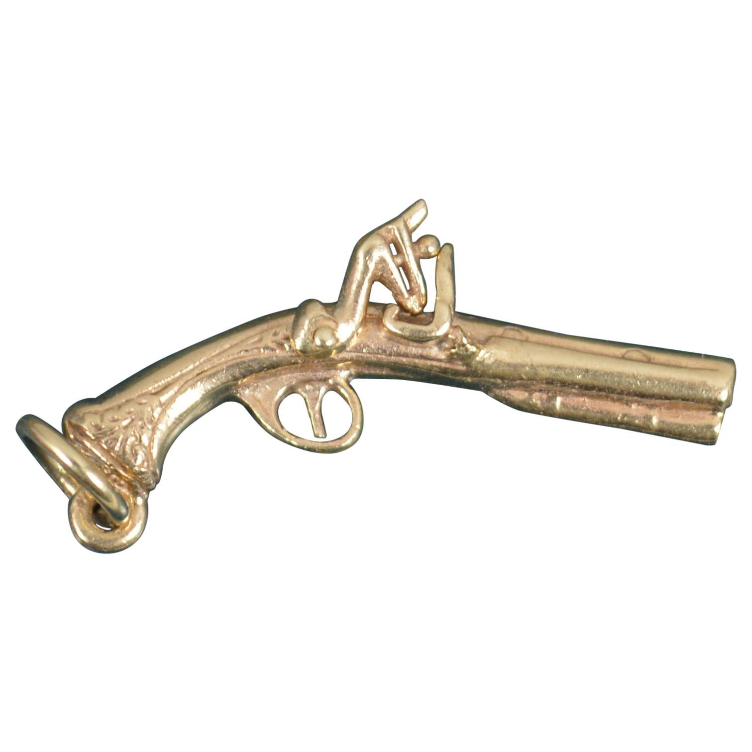 Rare Solid 9 Carat Yellow Gold Vintage Pistol Gun Pendant or Charm For Sale