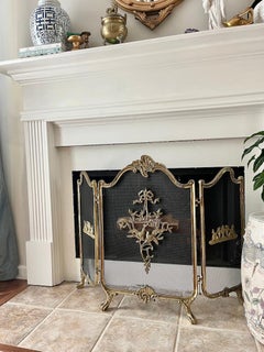 Rare Solid Brass French Rococo Style TriFold Ribbons Birds Fireplace Screen