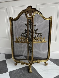 Rare Solid Brass French Rococo Style TriFold Ribbons Birds Fireplace Screen