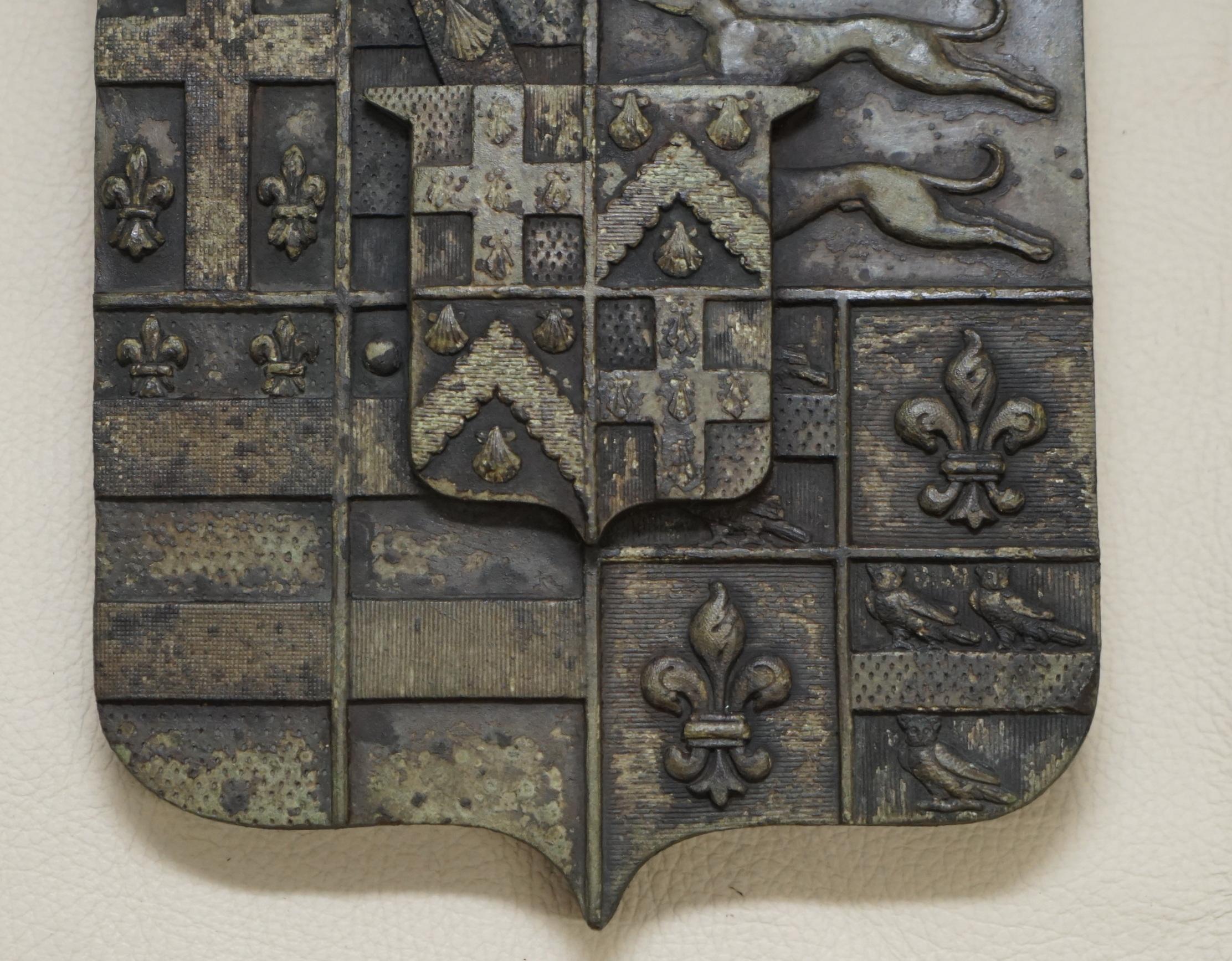 Post-Modern Rare Solid Bronze Armorial Crest Coat of Arms Lovely Verdigris Patination For Sale