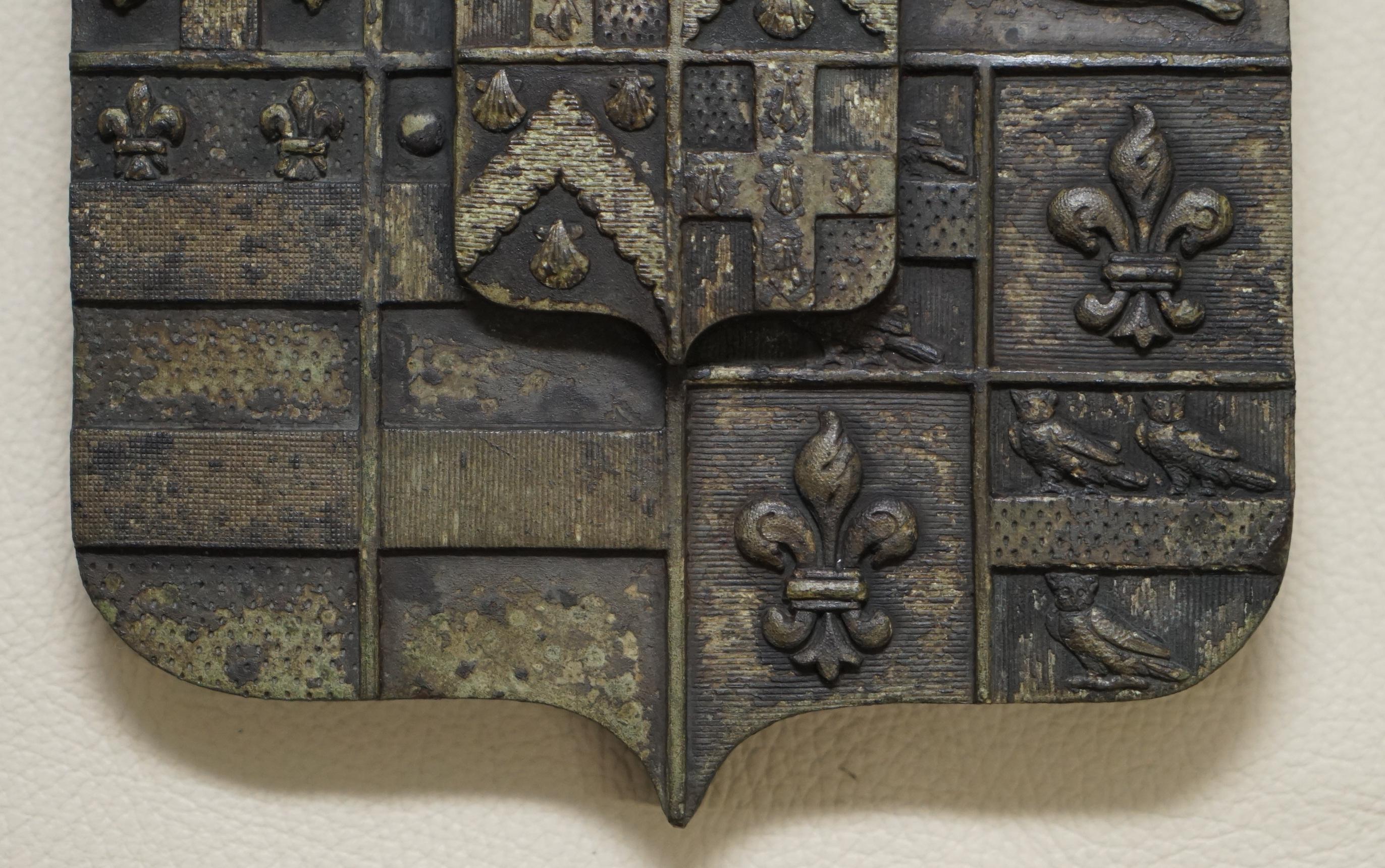 Hand-Crafted Rare Solid Bronze Armorial Crest Coat of Arms Lovely Verdigris Patination For Sale