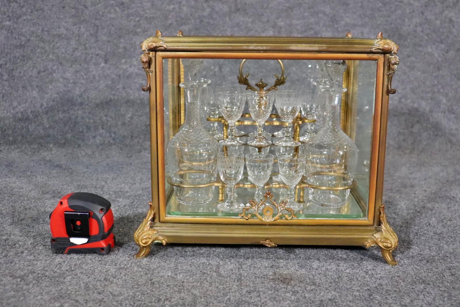 Louis XV Rare Solid Bronze Etched Glass Regency Tantatlus Set Circa 1900 