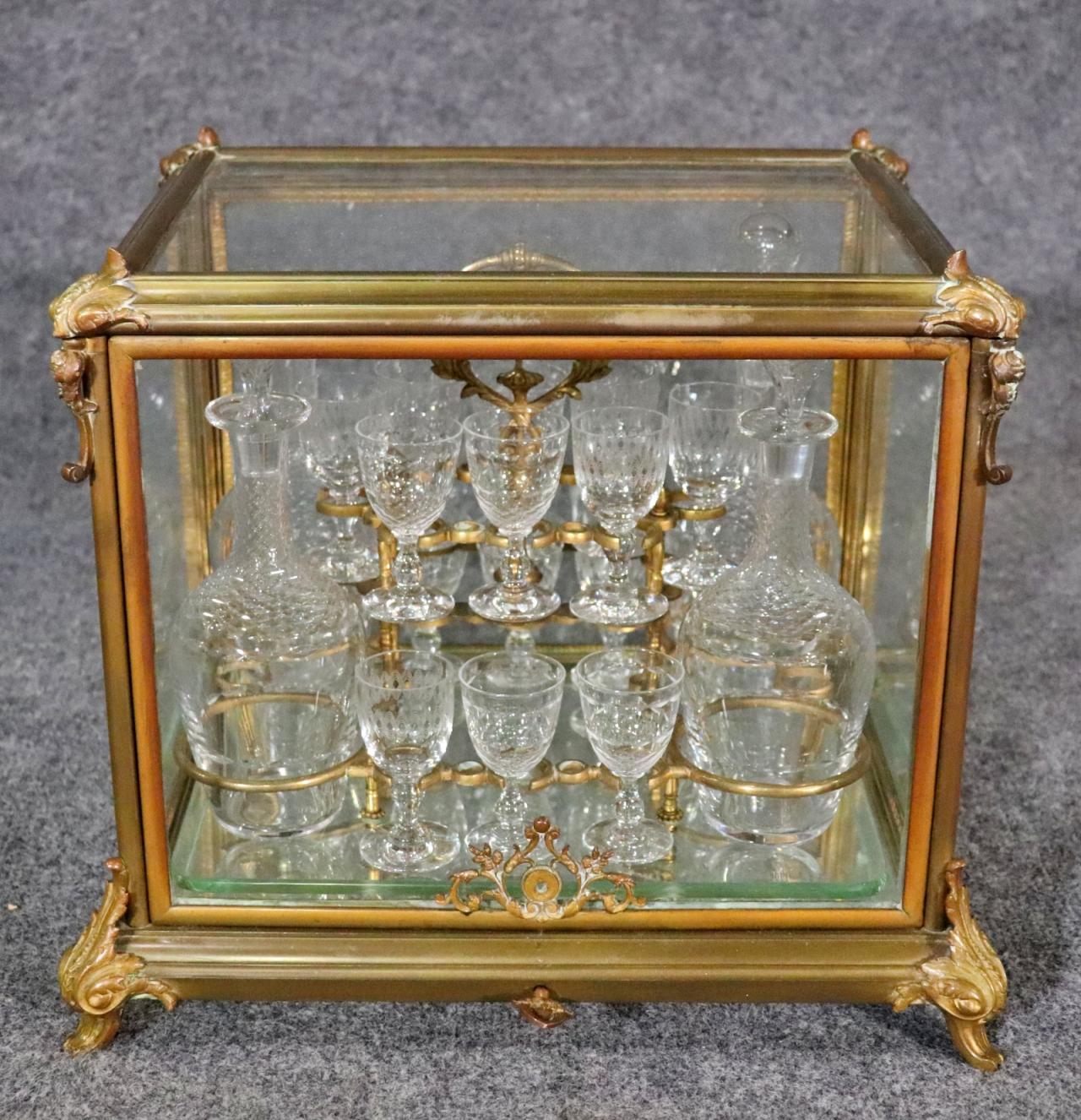 French Rare Solid Bronze Etched Glass Regency Tantatlus Set Circa 1900 