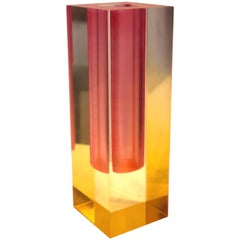 Rare Solid Pink and Yellow Lucite Flower Vase after Shiro Kuramata