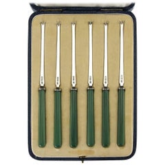Rare Solid Silver Cased Set of Six Lobster Picks, Sheffield, circa 1930