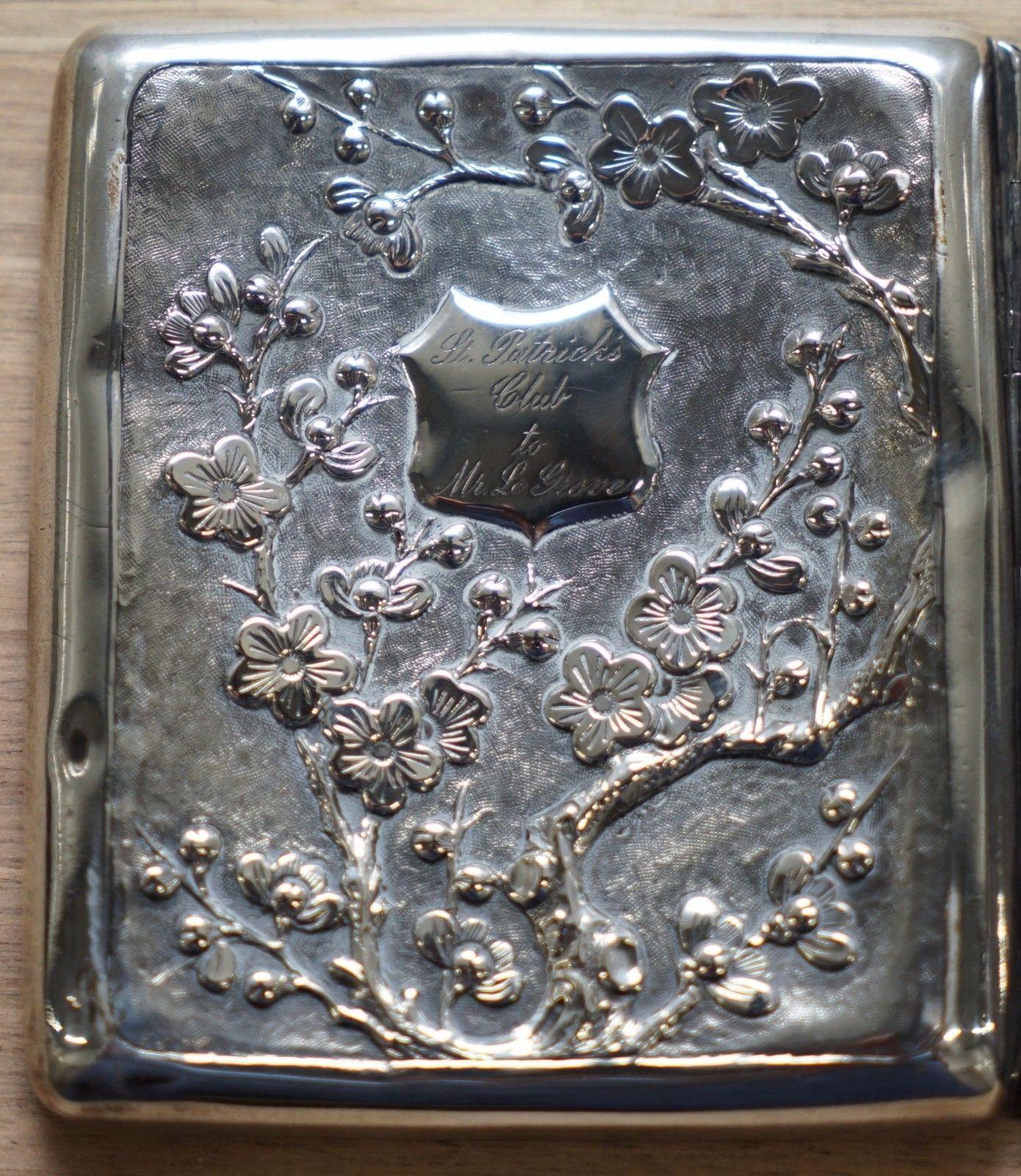 Artist Rare Solid Silver Meiji Period Dragon Embossed Cigarette Case and Gold Gilding For Sale