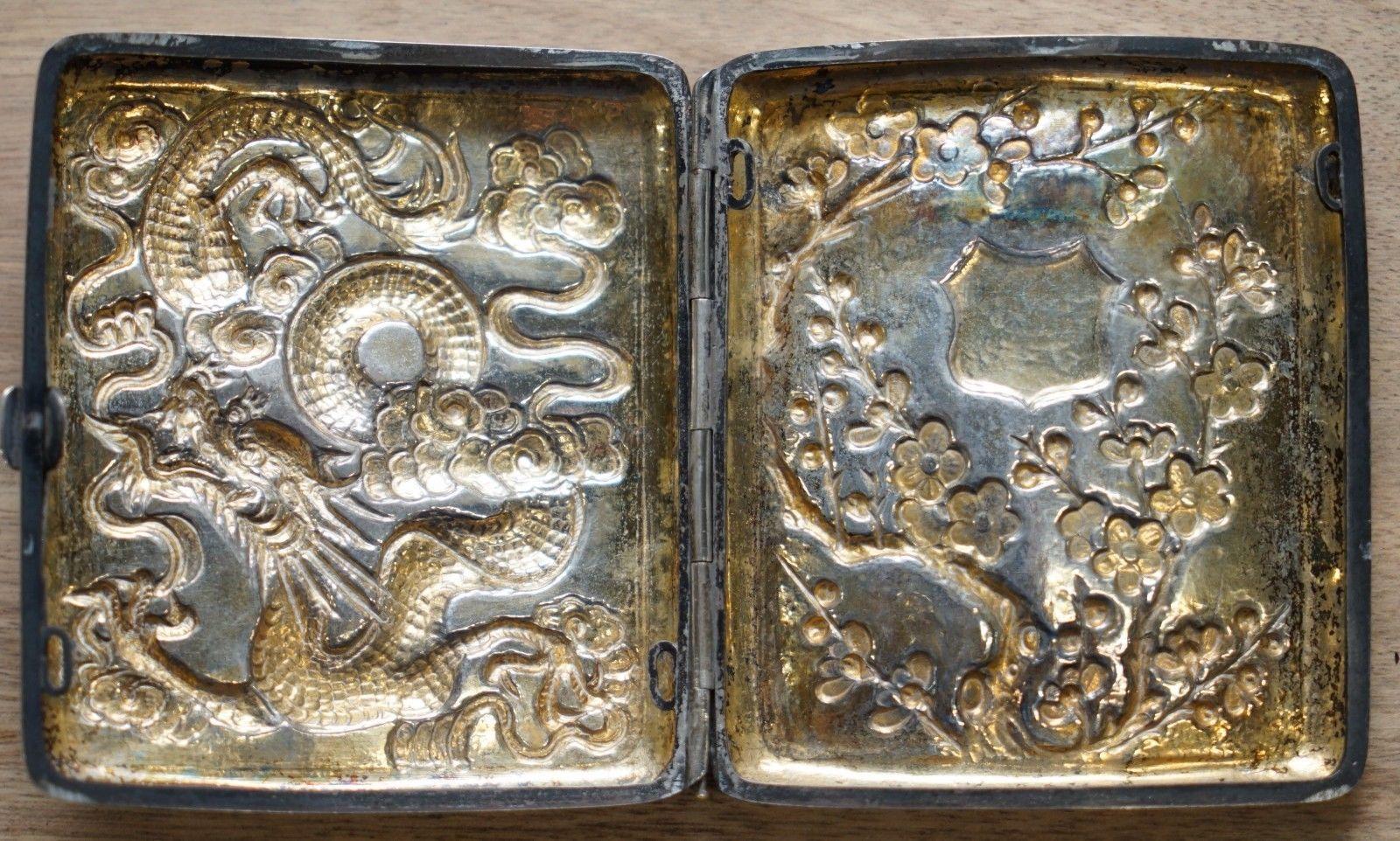 Women's or Men's Rare Solid Silver Meiji Period Dragon Embossed Cigarette Case and Gold Gilding For Sale