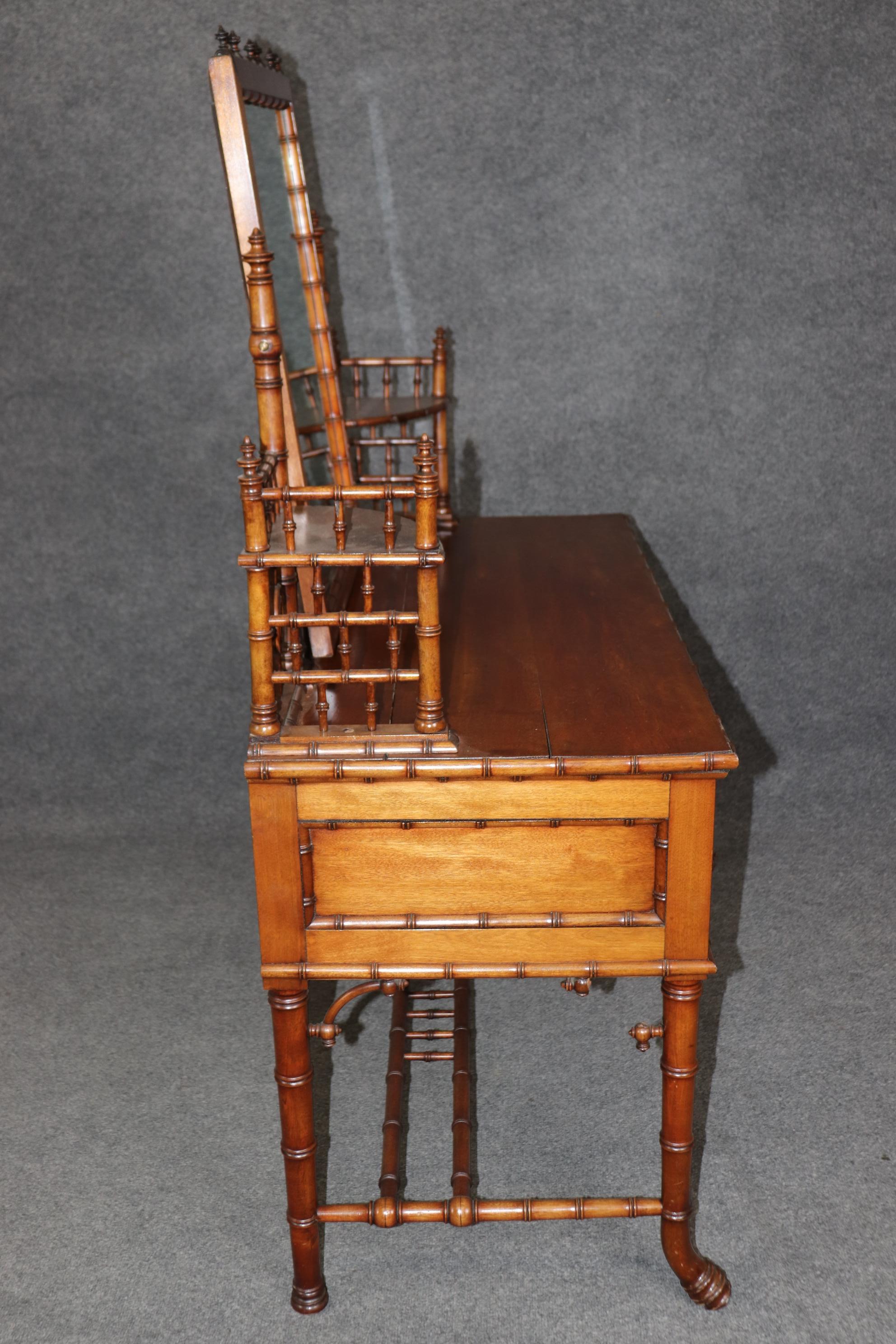 American Rare Solid Walnut Faux Bamboo R.J. Horner Attributed Ladies Vanity with Mirror
