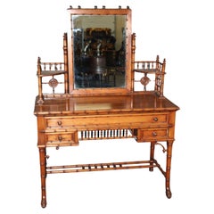 Rare Solid Walnut Faux Bamboo R.J. Horner Attributed Ladies Vanity with Mirror
