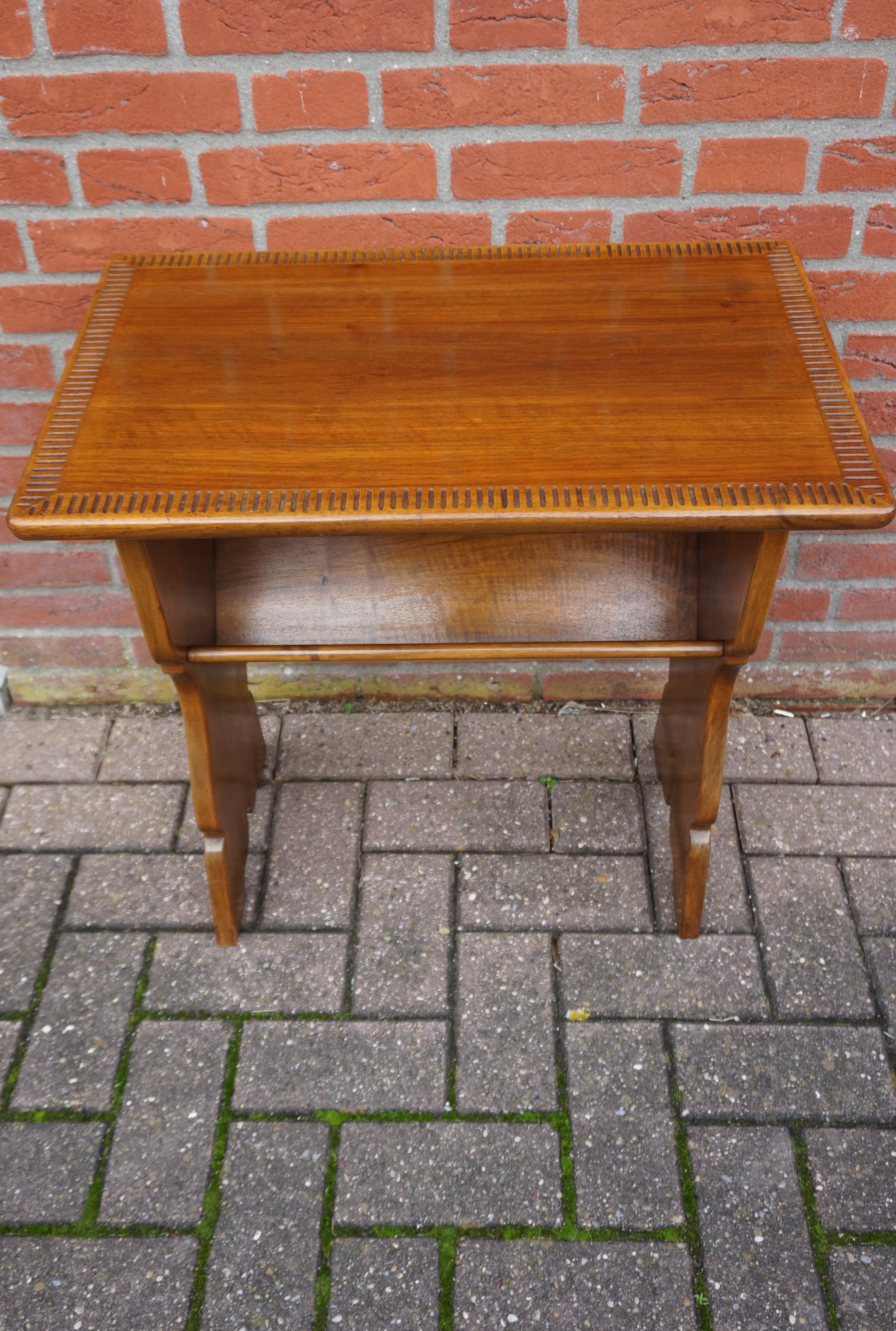 Hand-Carved Rare Solid Wood Arts & Crafts End or Side Table with Book Trough / Books Rack