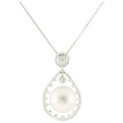 Rare South Sea White Pearl Diamond Pendant in 18 Karat Gold