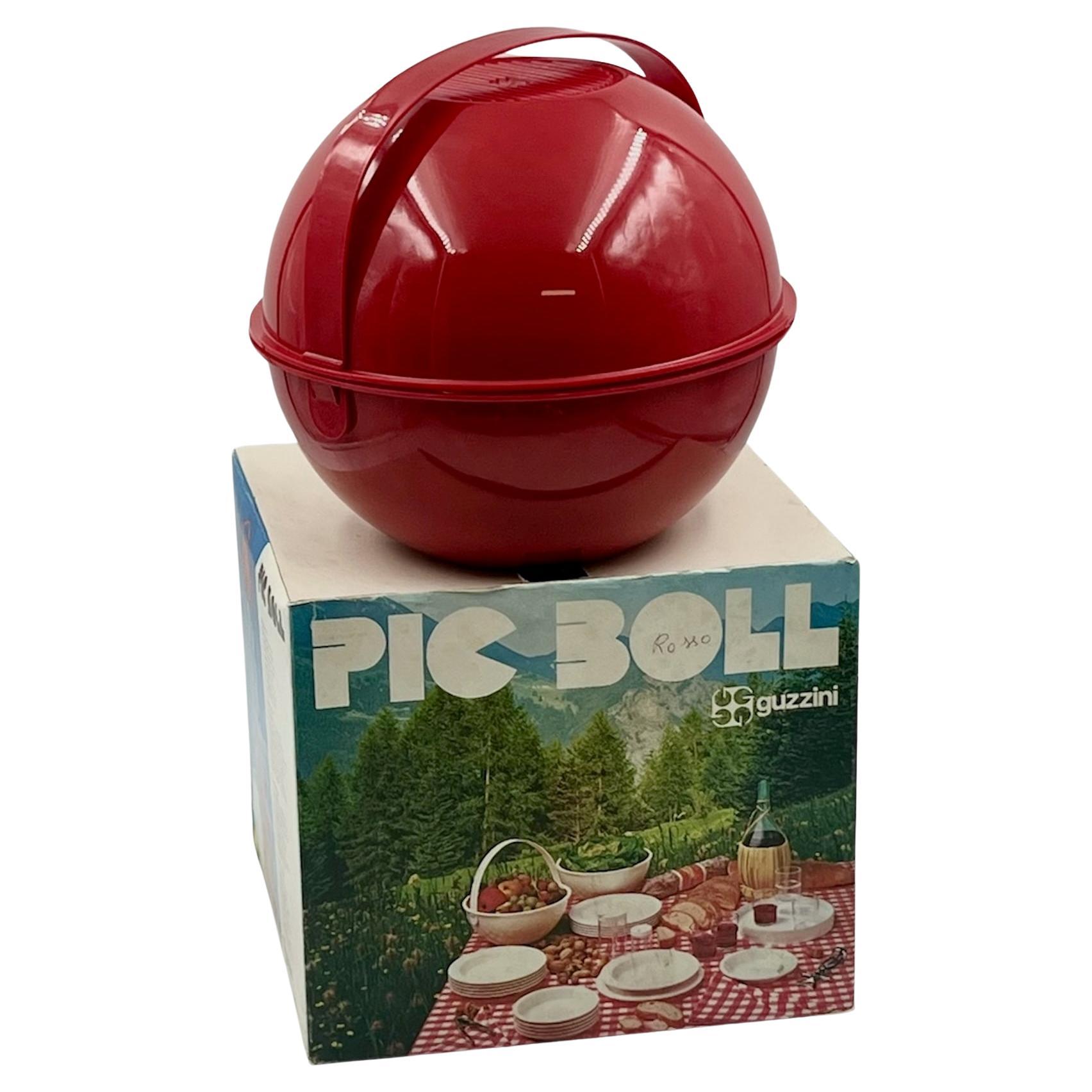 Beautiful space age picnic set ‘Pic Boll’ designed by Carlo Viglino in 1968 and produced by Guzzini, Italy in the 60s and 70s.

This lovely 6 person picnic features a plastic sphere or ball shaped carrier that holds everything required for a picnic:
