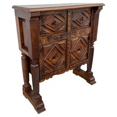 Rare Spanish Carved Walnut Sideboard with Geometric Panels and Spiral Columns