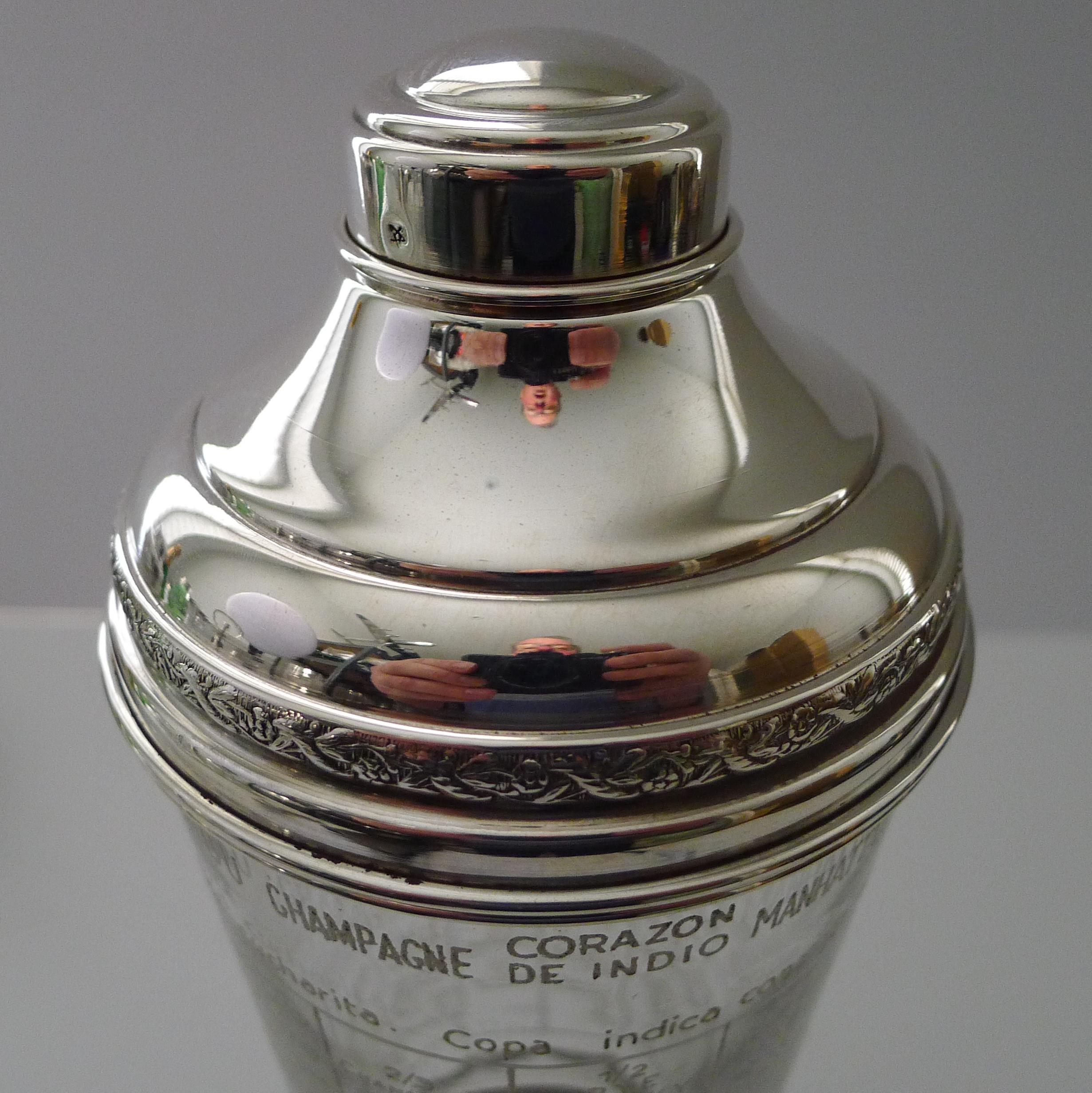Rare Spanish Sterling Silver Mounted Art Deco Recipe Cocktail Shaker c.1940 In Good Condition For Sale In Bath, GB