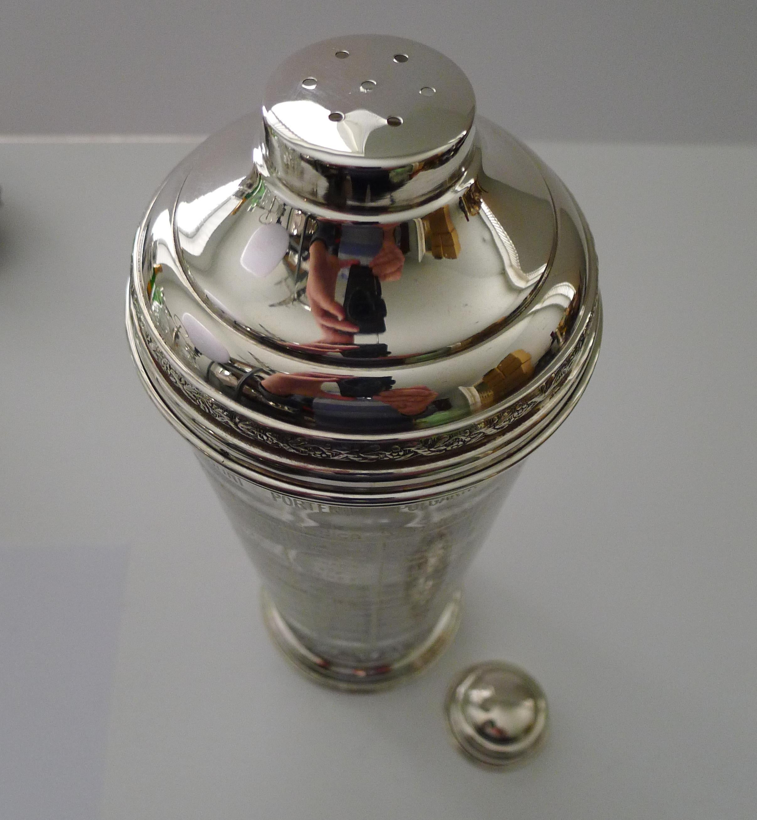 Rare Spanish Sterling Silver Mounted Art Deco Recipe Cocktail Shaker c.1940 For Sale 1