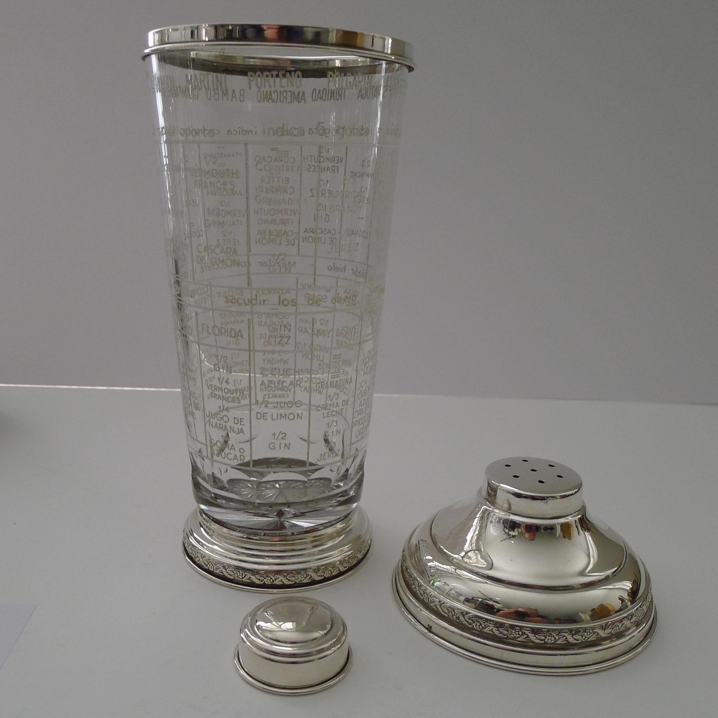 Rare Spanish Sterling Silver Mounted Art Deco Recipe Cocktail Shaker c.1940 For Sale 4