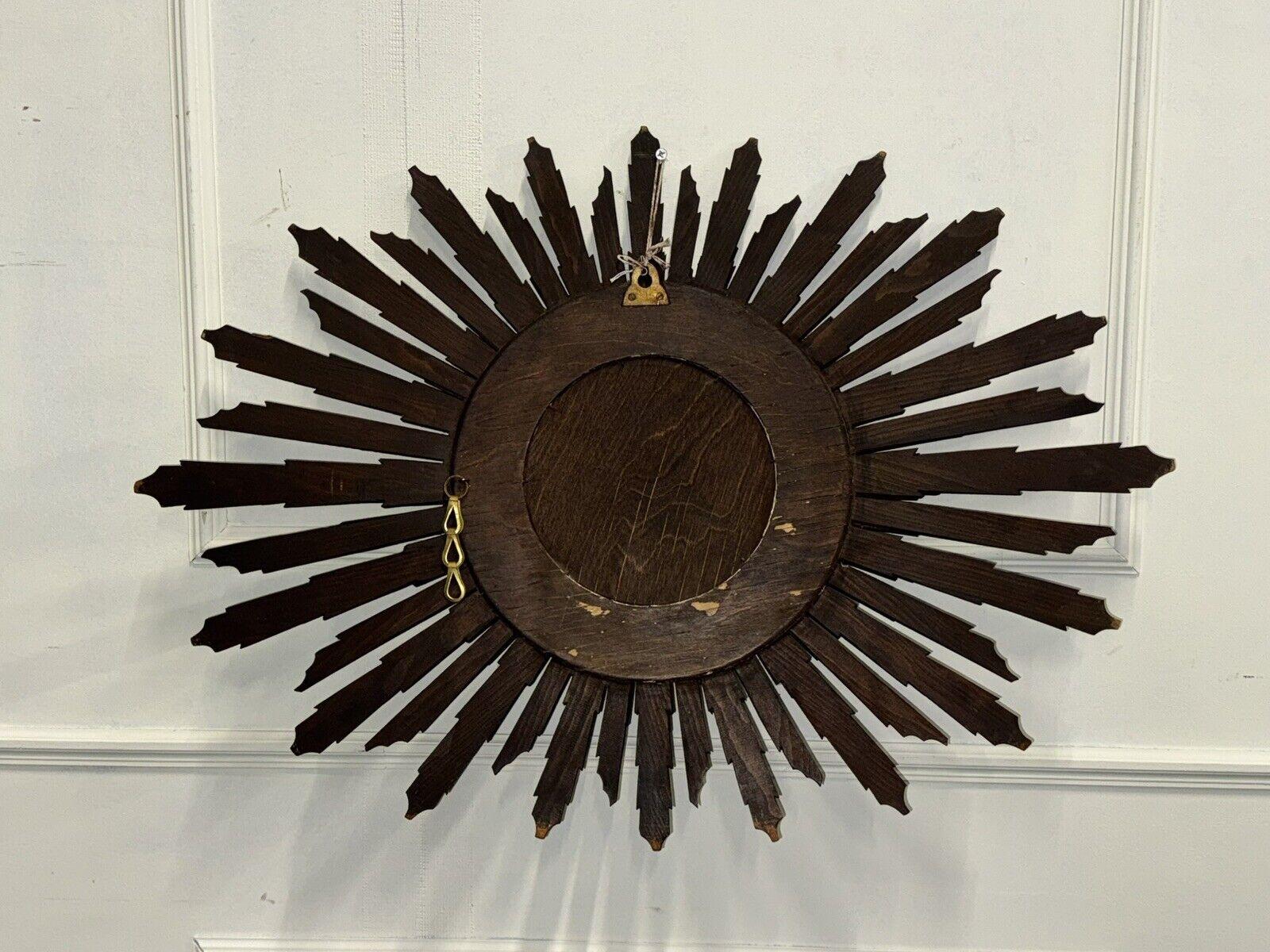 RARE SPANISH WOODEN SunBURST BROWN CONVEX WALL MIRROR CiRCA 1940 en vente 3