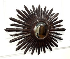 RARE SPANISH WOODEN SunBURST BROWN CONVEX WALL MIRROR CiRCA 1940