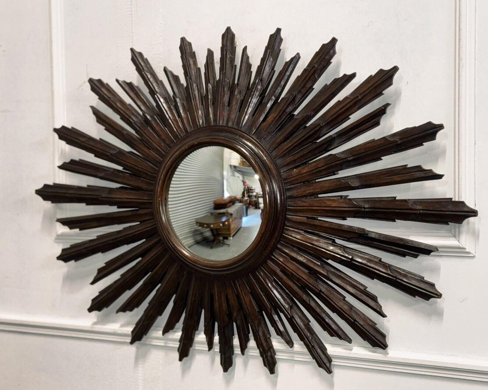 Espagnol RARE SPANISH WOODEN SunBURST BROWN CONVEX WALL MIRROR CiRCA 1940 en vente