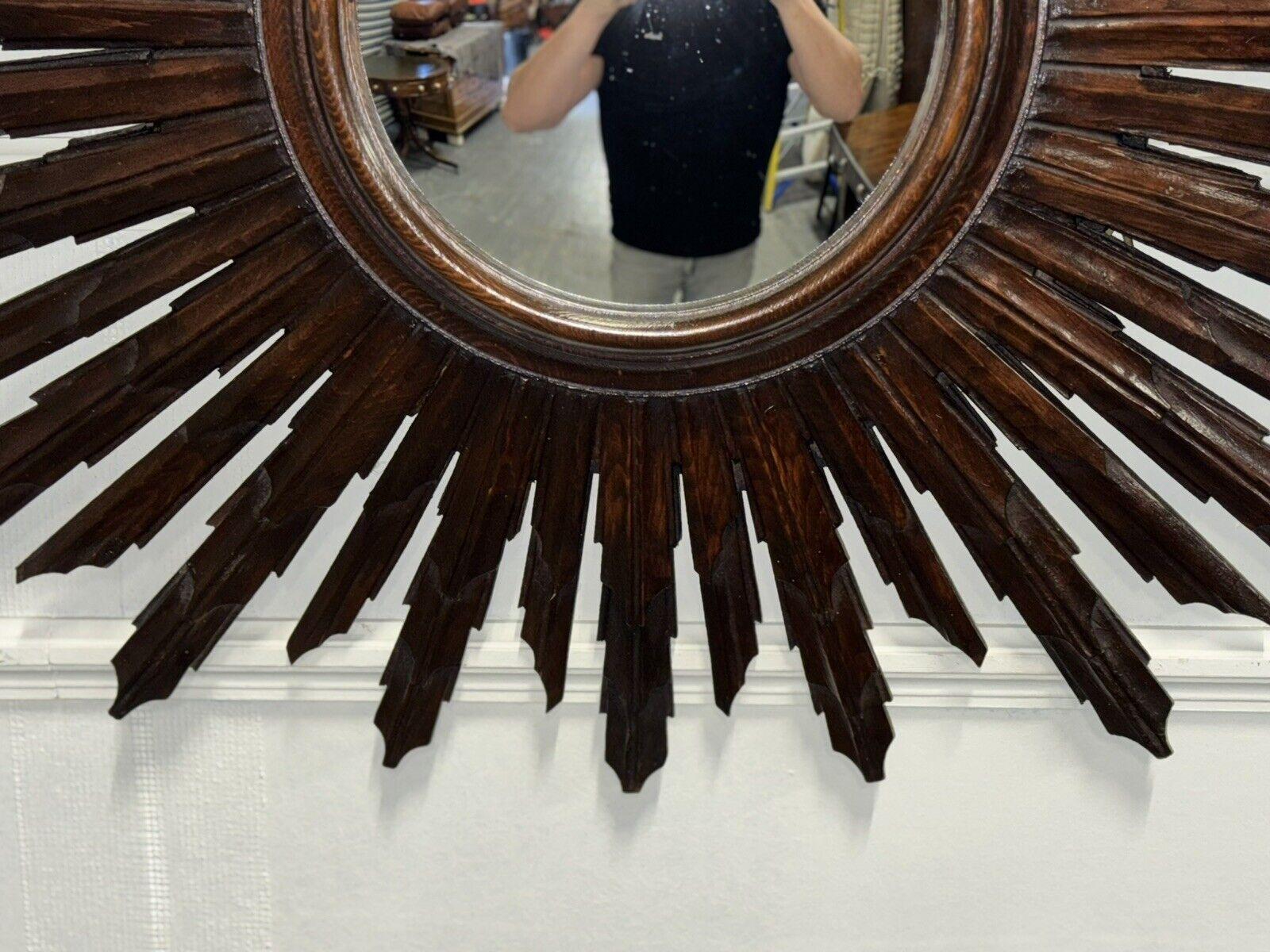 Bois de feuillus RARE SPANISH WOODEN SunBURST BROWN CONVEX WALL MIRROR CiRCA 1940 en vente