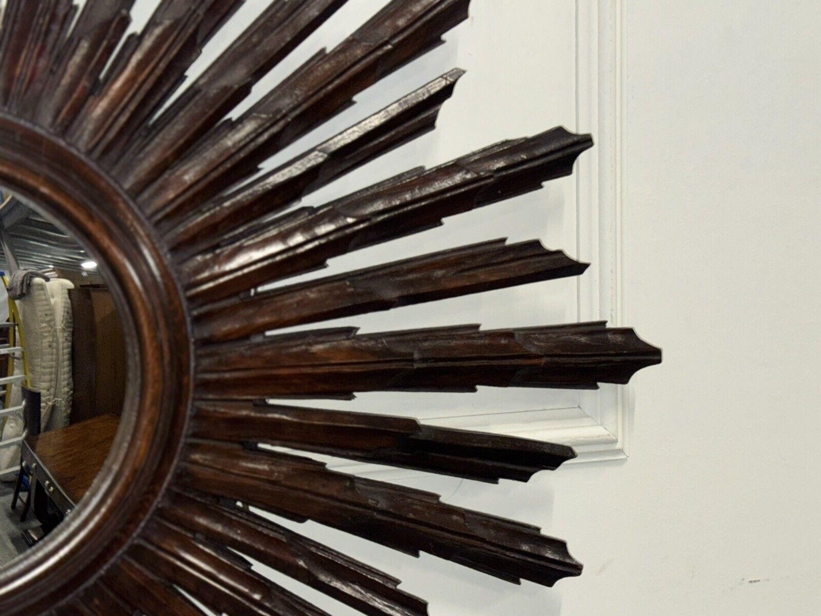 RARE SPANISH WOODEN SunBURST BROWN CONVEX WALL MIRROR CiRCA 1940 en vente 1