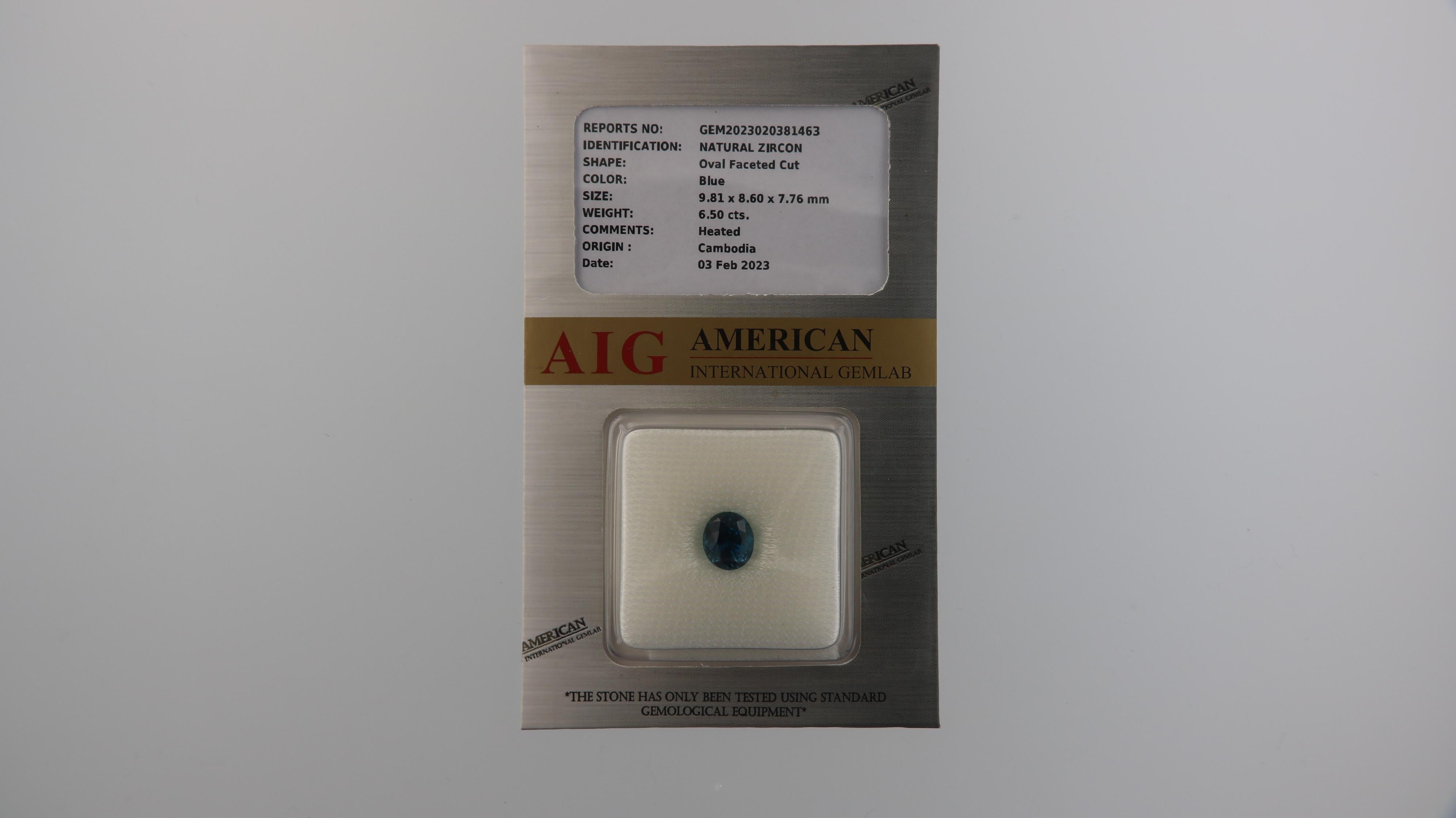 No Reserve Rare Sparkling Natural Blue Zircon 6.50 Carat from Cambodia