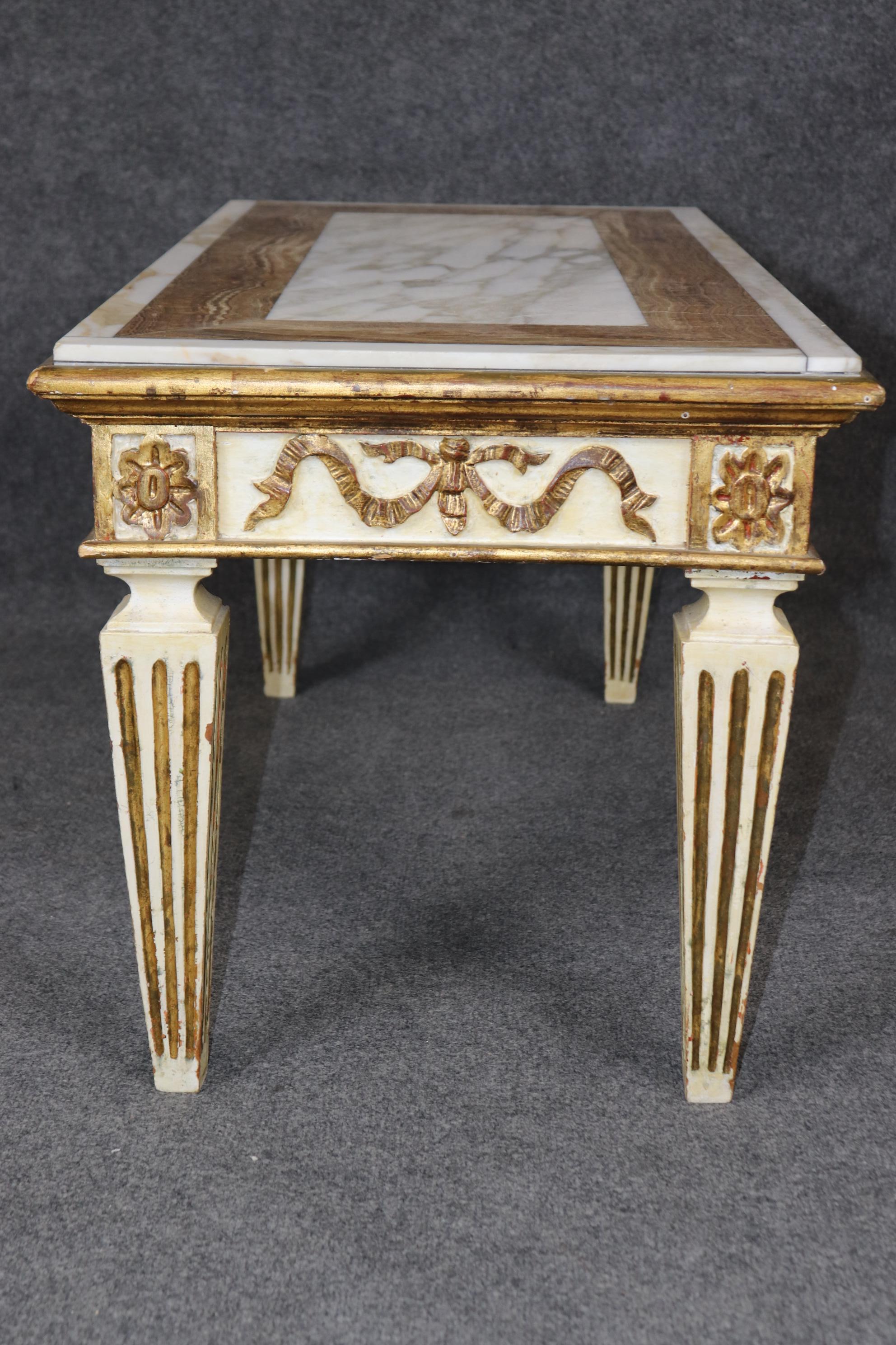 Rare Specimen Marble Inlaid Creme Painted Directoire Gilded Coffee Table In Good Condition In Swedesboro, NJ
