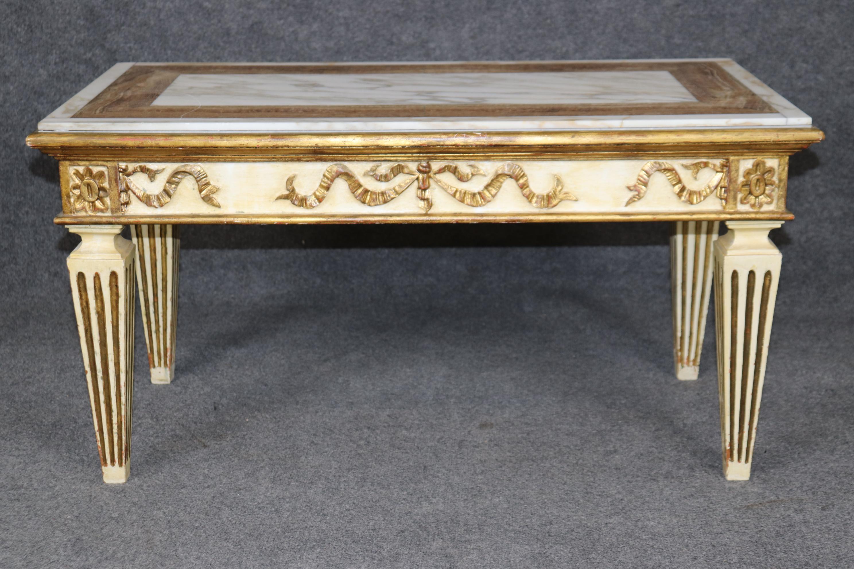 Mid-20th Century Rare Specimen Marble Inlaid Creme Painted Directoire Gilded Coffee Table