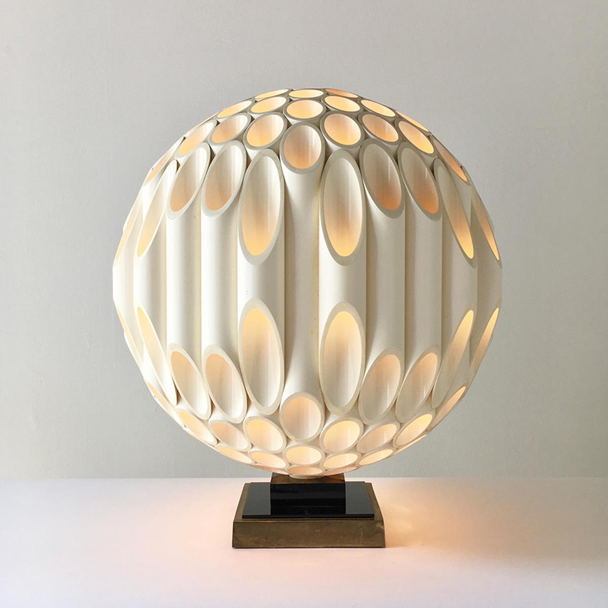 Rare spherical shaped sculptural acrylic table lamp designed by Rougier Canada, late 1970s stamped. 

As with all Rougier lights, created from acrylic but made to appear as bamboo this sculptural light has tremendous impact by day and night. It