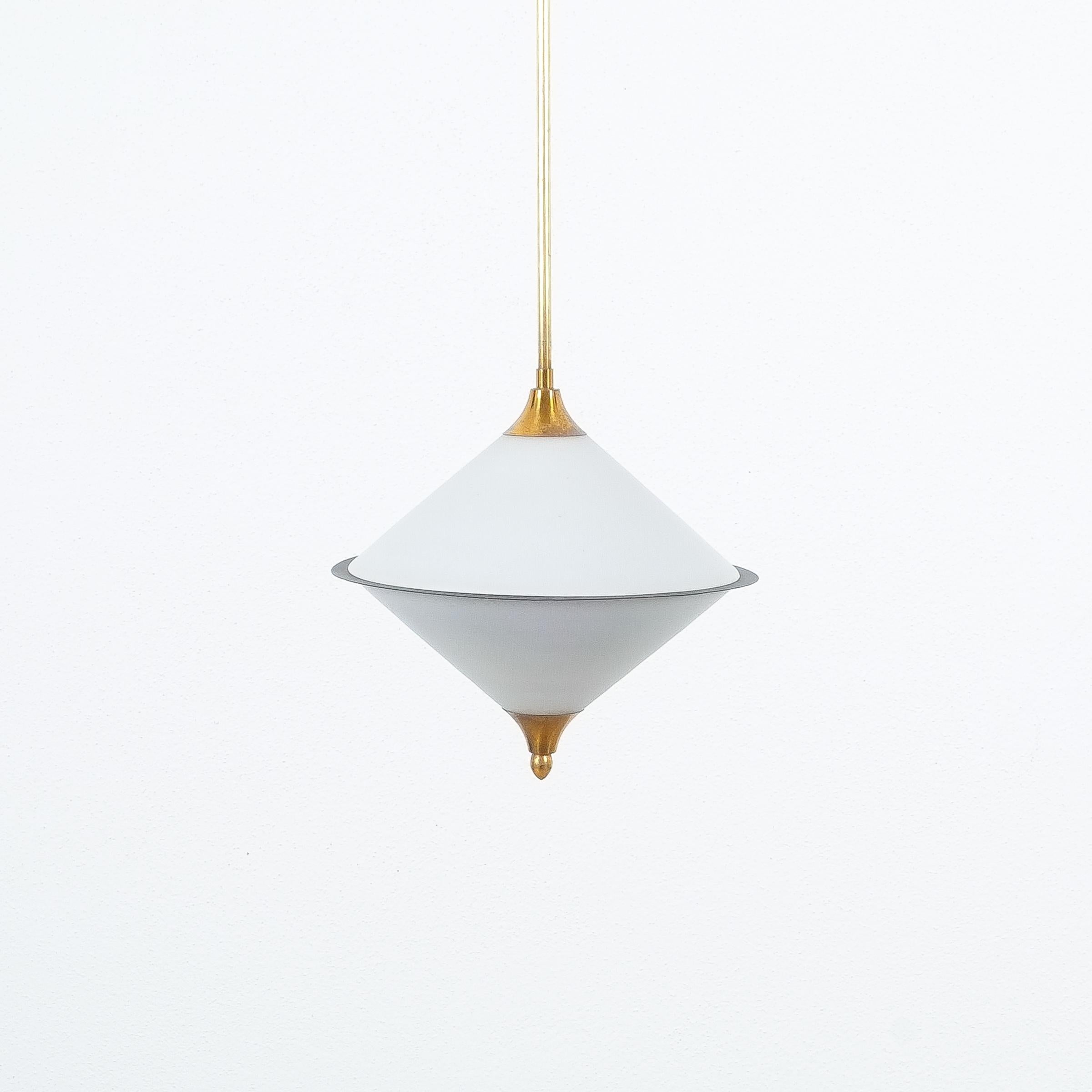 Mid-Century Modern Rare Spin Top Shaped Pendant Lamp Opal Glass Attributed to Lelli, circa 1950 For Sale