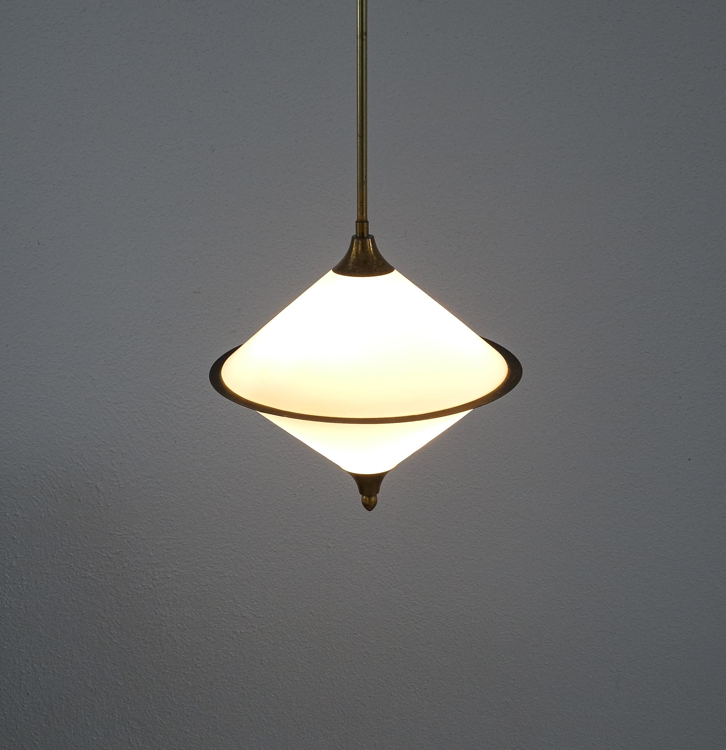 Italian Rare Spin Top Shaped Pendant Lamp Opal Glass Attributed to Lelli, circa 1950 For Sale