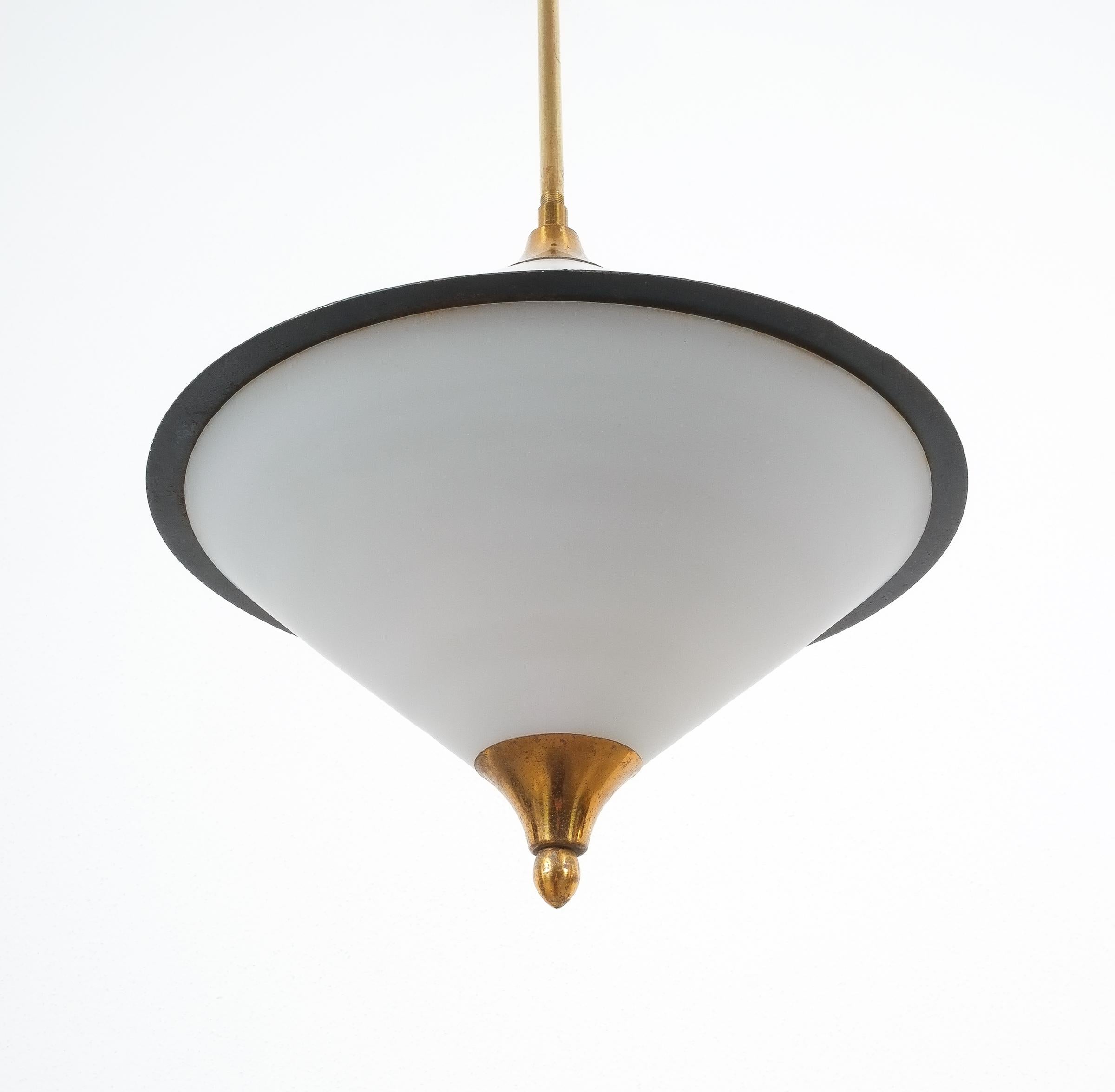 Blackened Rare Spin Top Shaped Pendant Lamp Opal Glass Attributed to Lelli, circa 1950 For Sale