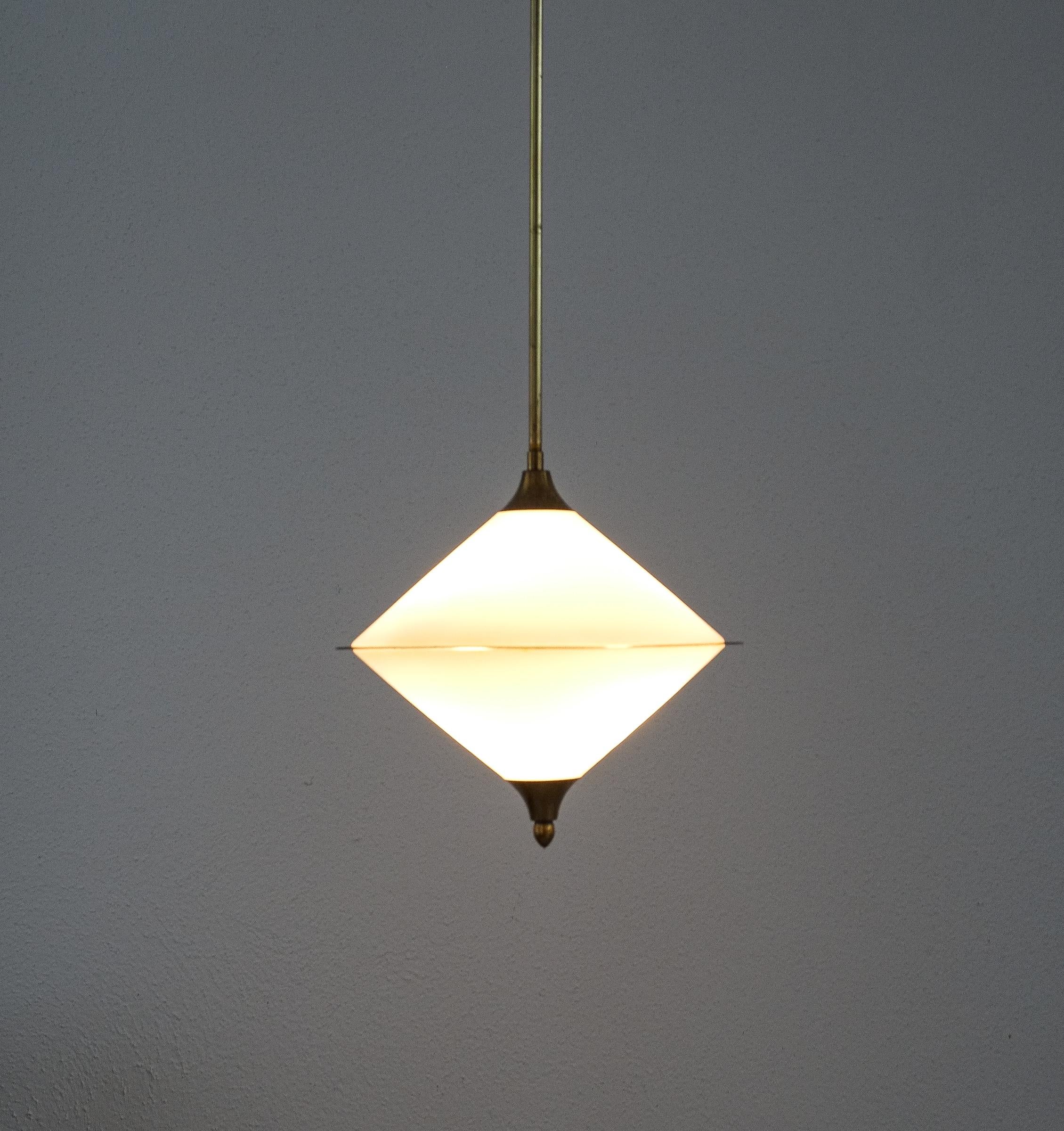 Rare Spin Top Shaped Pendant Lamp Opal Glass Attributed to Lelli, circa 1950 For Sale 1