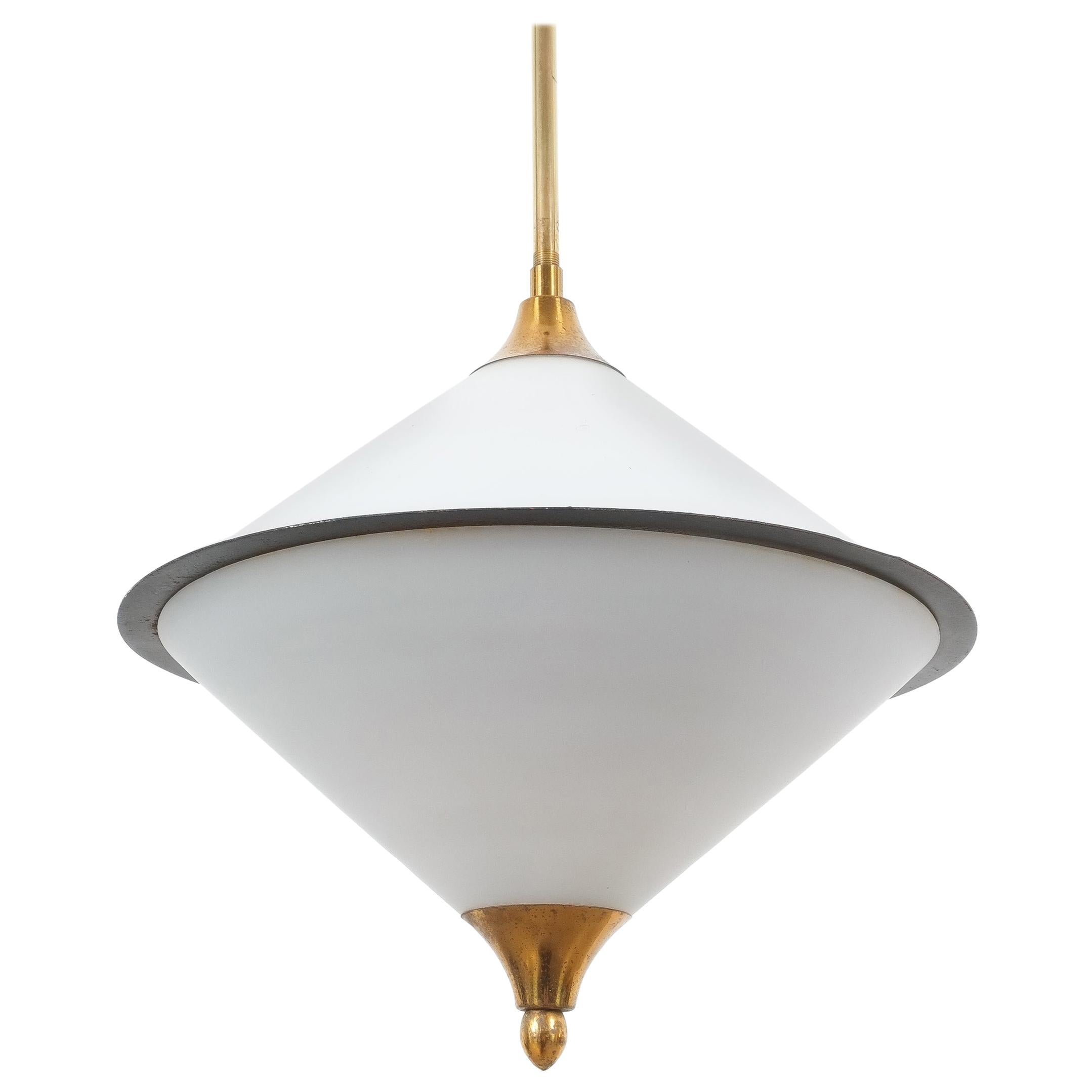 Rare Spin Top Shaped Pendant Lamp Opal Glass Attributed to Lelli, circa 1950