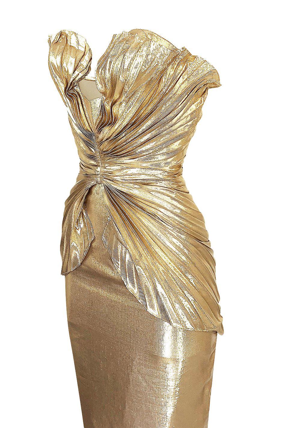 Women's Rare Spring 1985 Thierry Mugler Bombshell Pleated Gold Lurex 'Shell' Dress