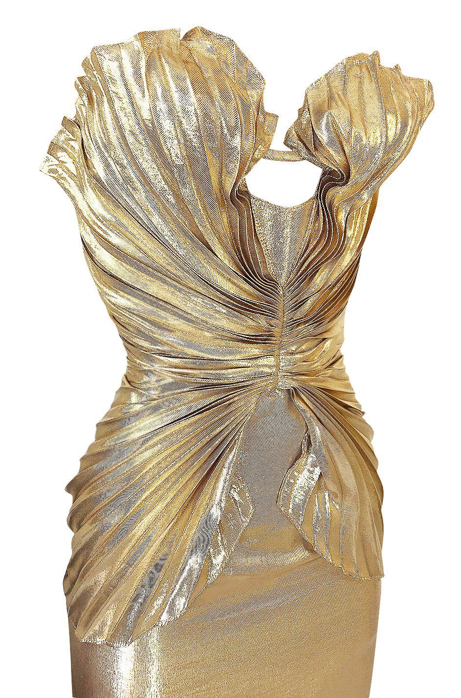 Rare Spring 1985 Thierry Mugler Bombshell Pleated Gold Lurex 'Shell' Dress 1